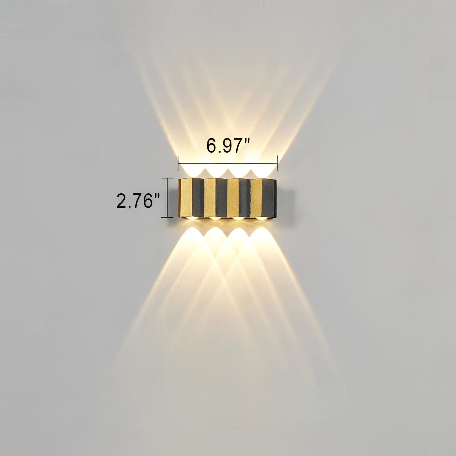 Modern geometric LED wall lamp with a circular design, displaying amber light. The waterproof outdoor fixture features metal construction and symmetrical patterns, showcased against a ceiling surface.