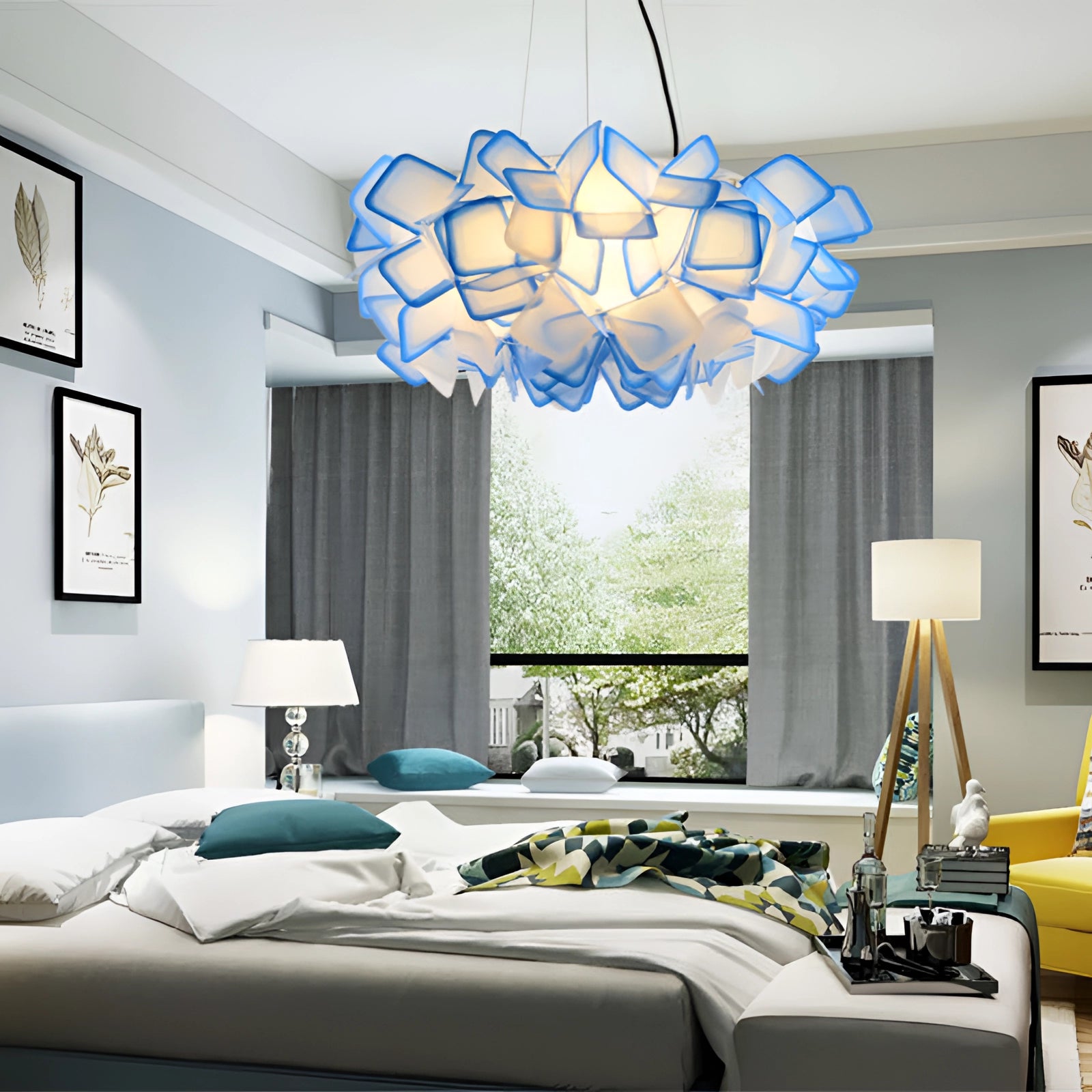 Modern geometric pendant light hanging from the ceiling in a stylish interior setting, featuring a luxurious design with elegant lighting. The space is well-decorated with plants and picture frames, showcasing contemporary architecture and interior design elements.