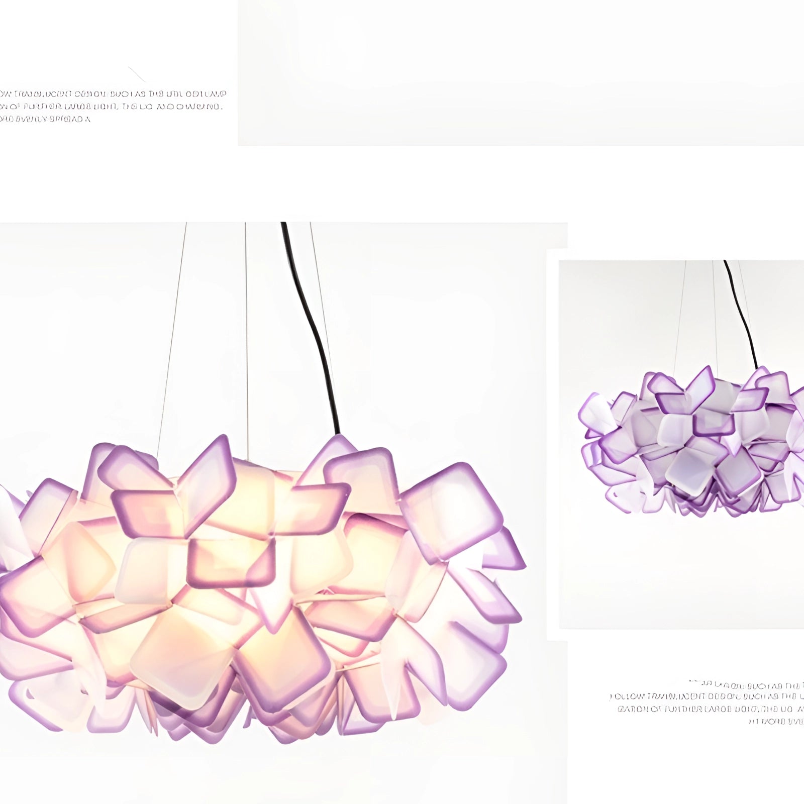 Modern geometric pendant light in purple with artistic petal-like patterns and circular design elements, measuring 27.5 inches by 9 inches.