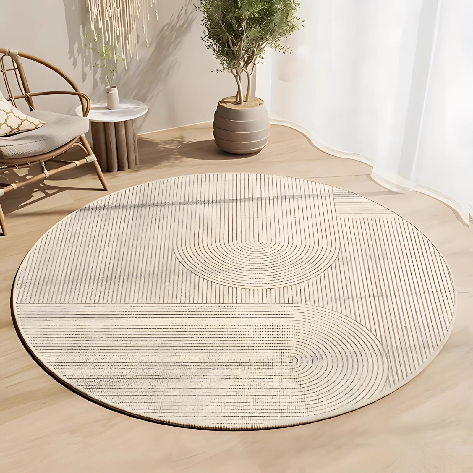 Modern geometric round rug placed beneath a wooden table adorned with dishware and tableware, surrounded by a potted plant and flowerpot, in a stylish living room setting.