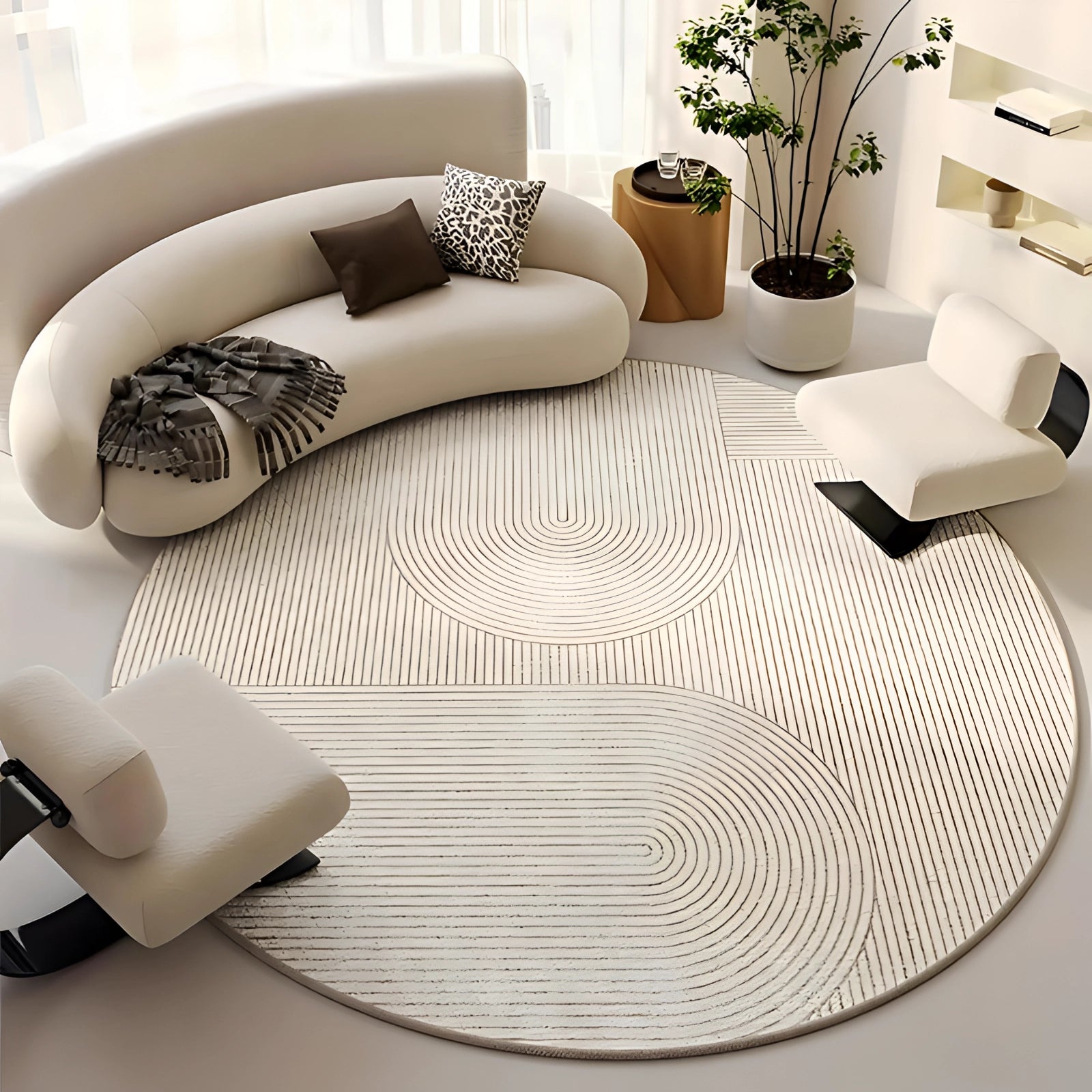 Modern geometric round rug in a living room setting with a comfortable white couch, a wooden table, and potted plants.