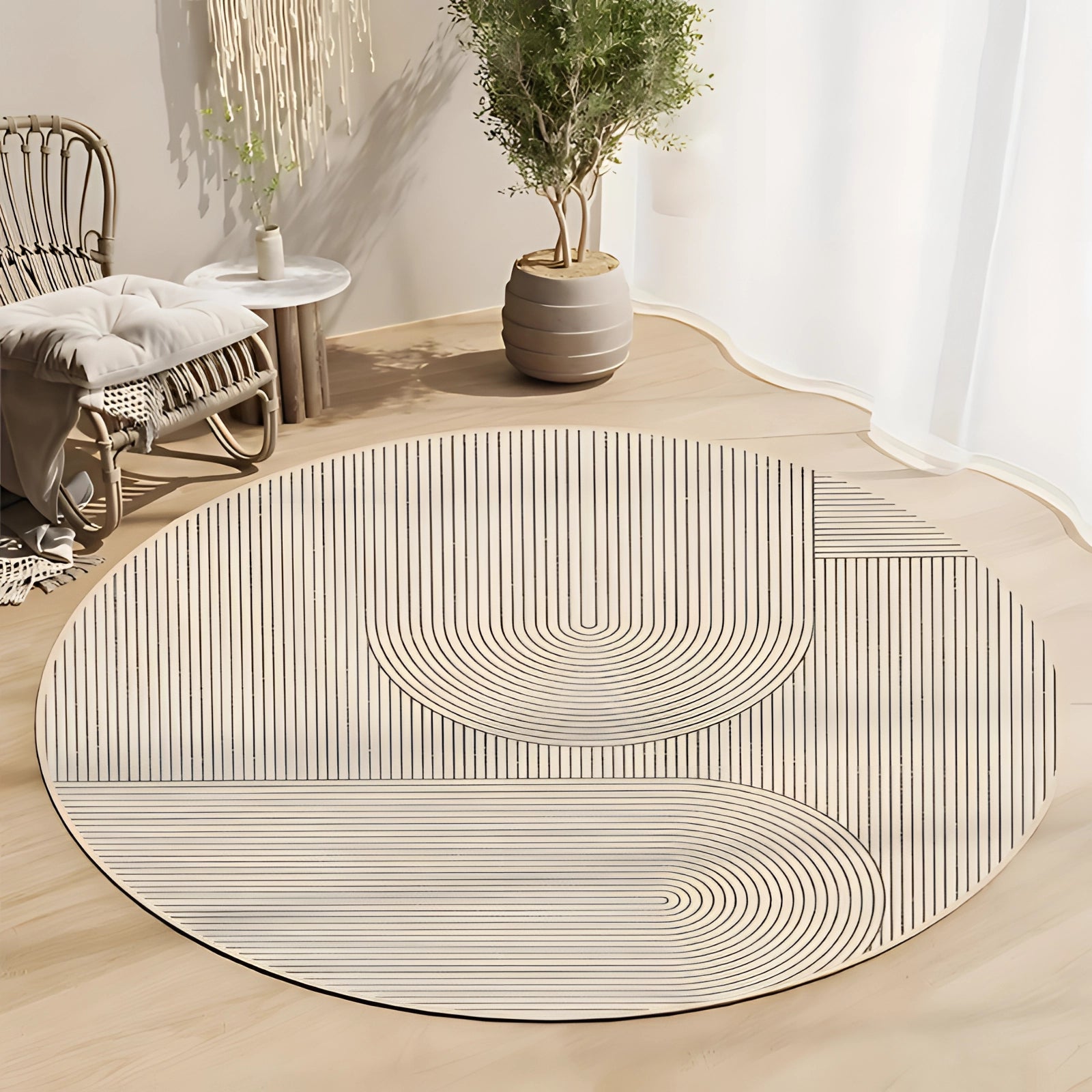 Circular living room carpet with modern geometric design, featuring beige and wood tones, styled in an interior setting with a wooden table, dishware, and decorative plant.