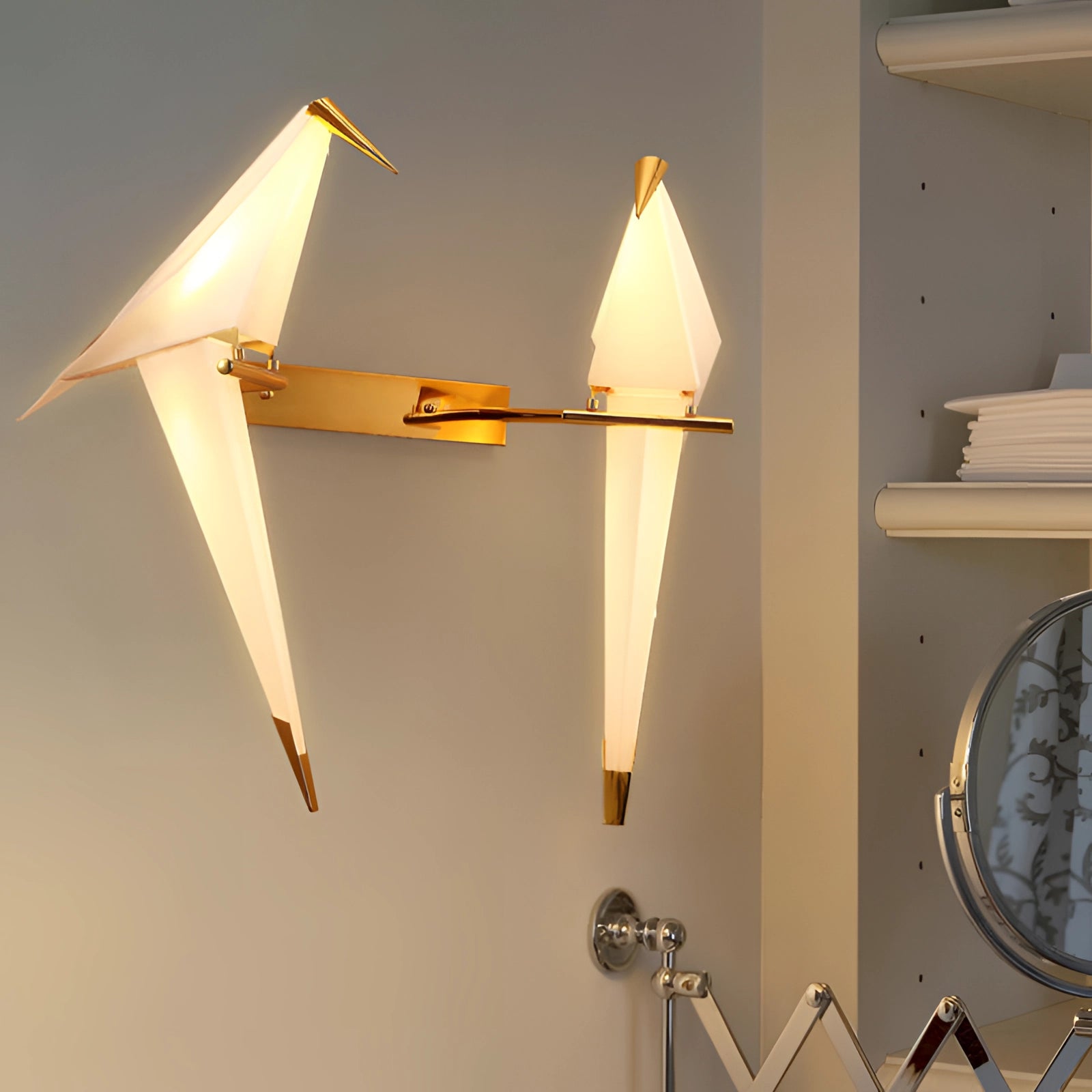 Modern geometric wall sconce with amber glow, featuring copper accents and two lights, designed with triangular and rectangular elements. The sconce combines wood and metal materials, adding an artistic touch to the space.