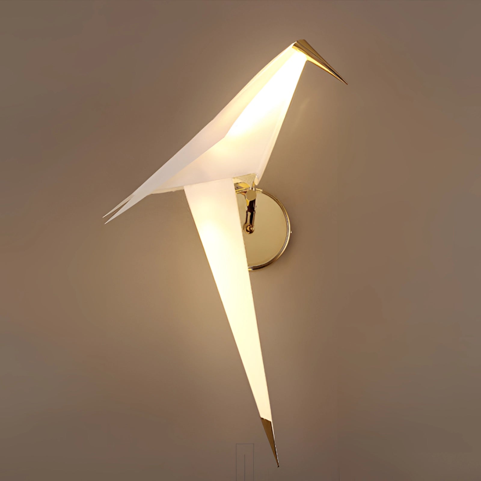 Modern geometric wall sconce featuring a triangular design with amber glow and copper accents, incorporating wood and metal elements, and designed to provide ambient lighting.