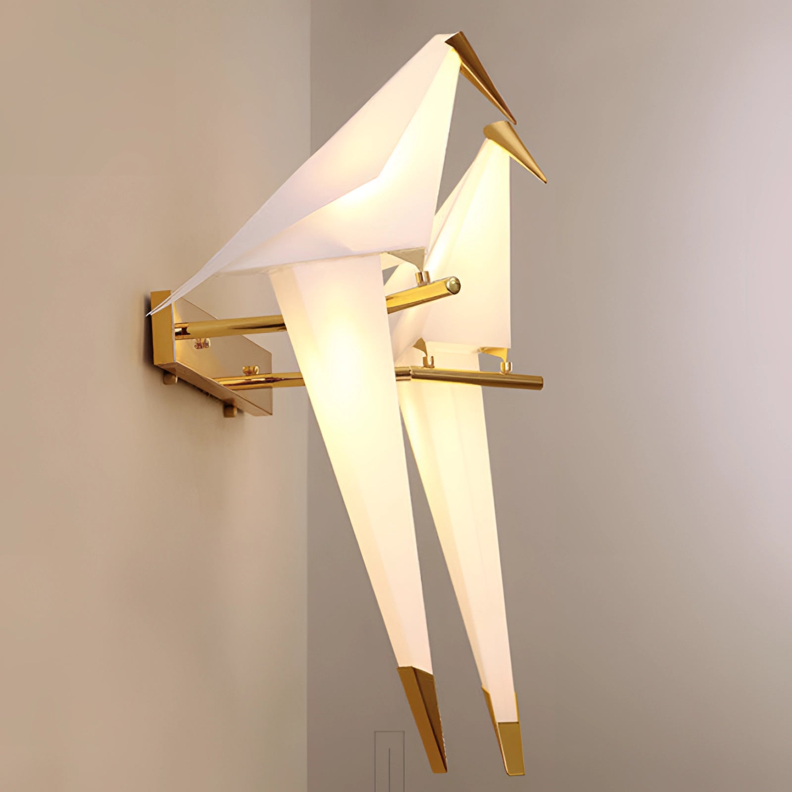 Modern geometric wall sconce with amber glow light, featuring copper accents and a triangular shape, combining wood and metal materials for a stylish art-inspired look.