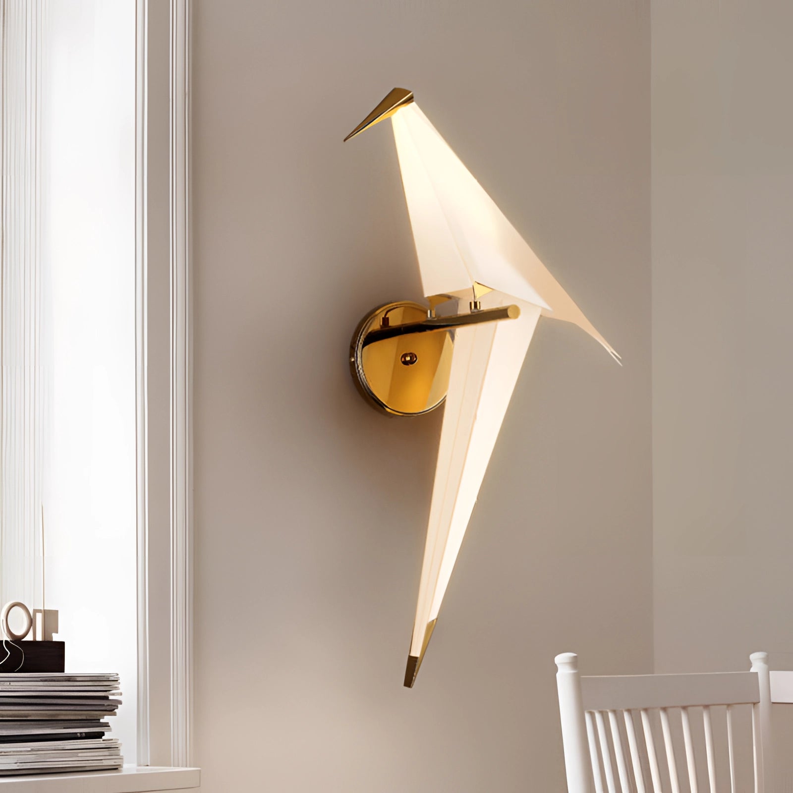 Modern geometric wall sconce with amber glow and copper accents, mounted on a wall. The design features clean lines and a mix of wooden and metal elements, integrating seamlessly into an interior setting. A plant and shelf decor add to the room's aesthetic.