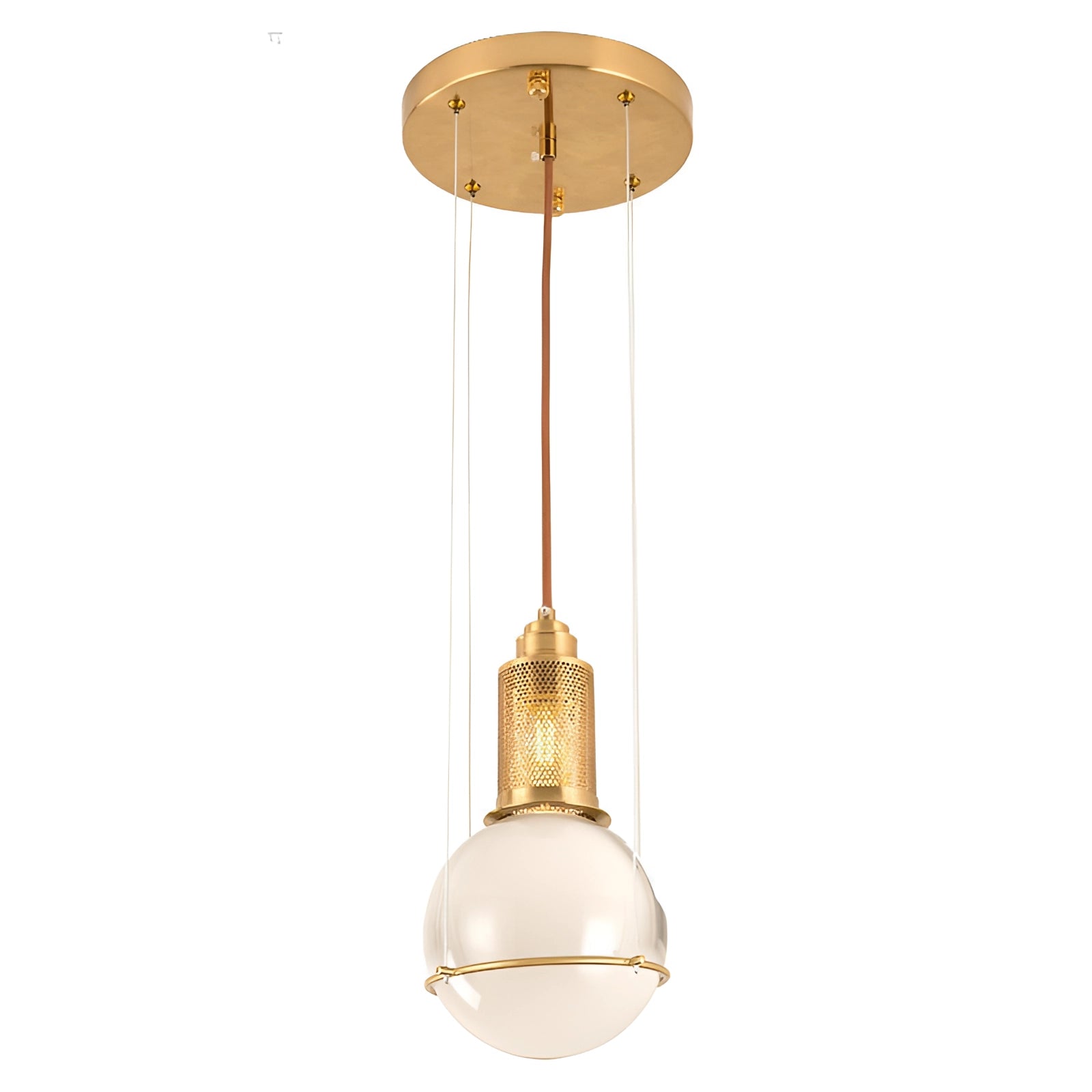 Modern Glass Globe Pendant Light featuring a gold metallic finish, minimalist design suspended from the ceiling.