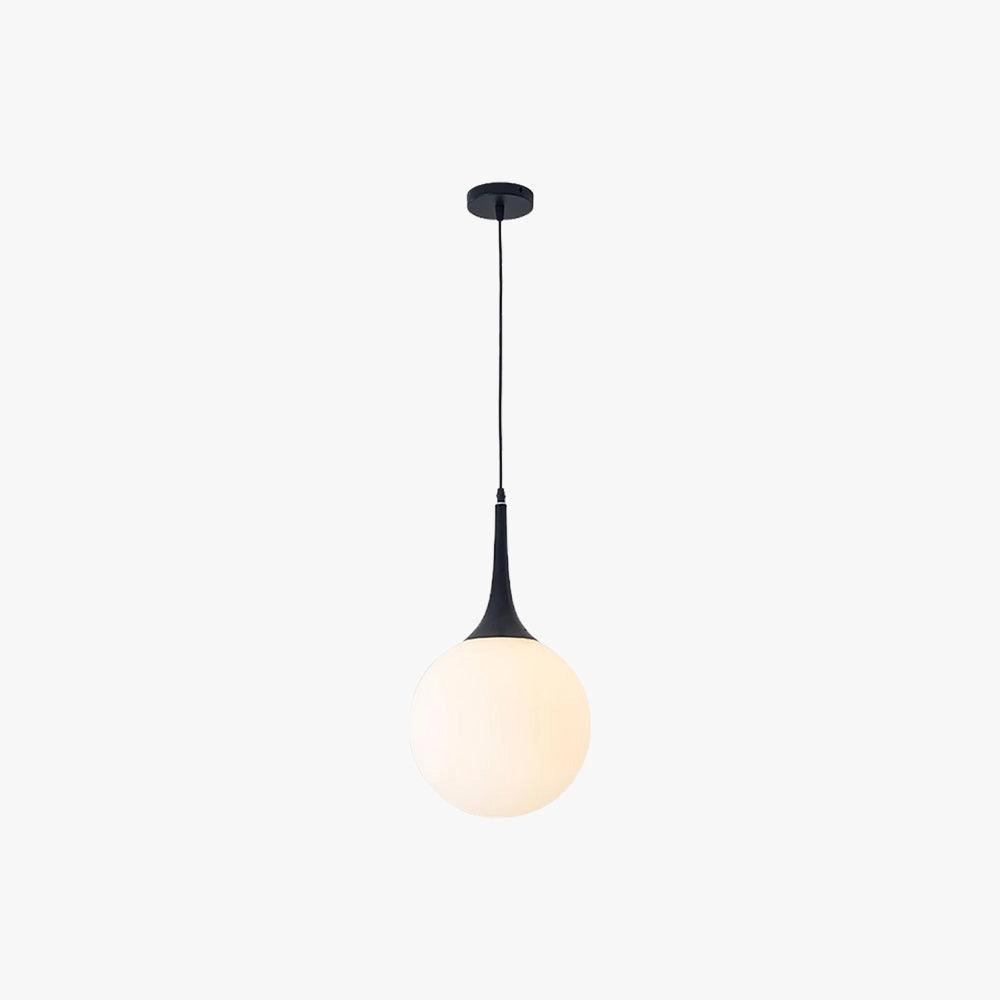 Modern Globe Pendant Light with black and white glass, designer ceiling lamp featuring a circular, metal light fixture, ideal for interior design and home decor.