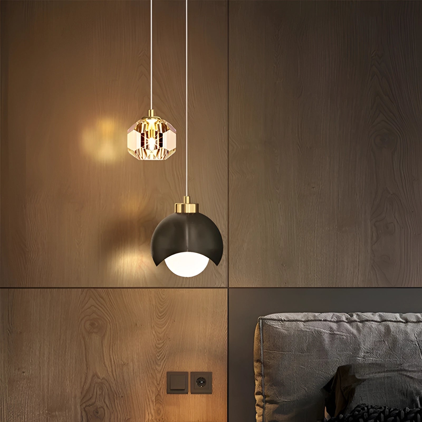 Modern gold dual pendant light with adjustable ceiling fixture, featuring two circular metal shades hanging from a sleek wooden rectangular bar, illuminating a stylish interior design space.