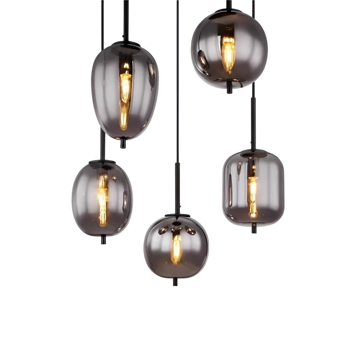 Modern industrial glass pendant lights with bronze finish and smoke gray glass shades, featuring five brass heads, illuminating a dining room decor.