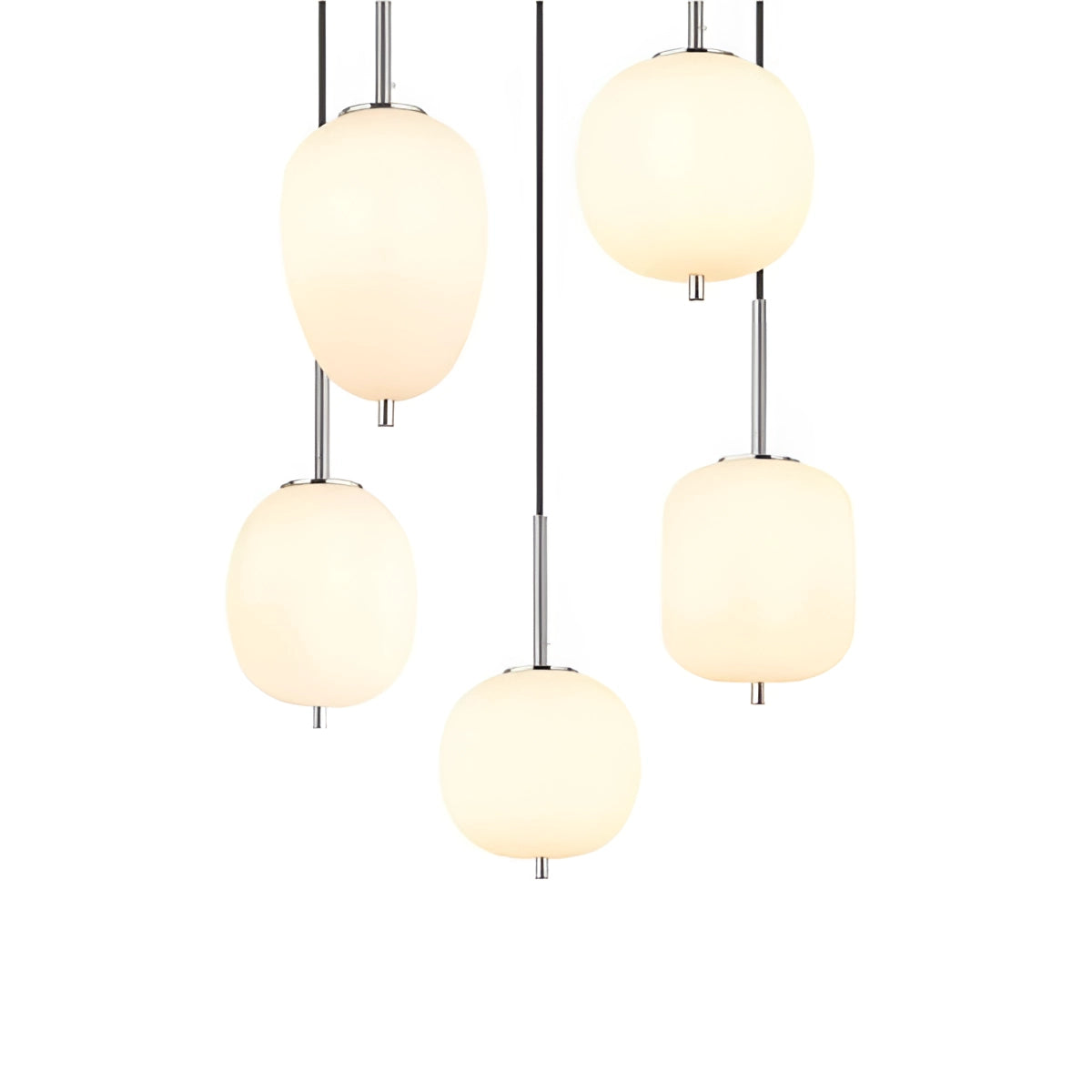 Modern industrial glass pendant lights with bronze finish featuring five opal glass shades and nickel accents, designed for dining room decor.