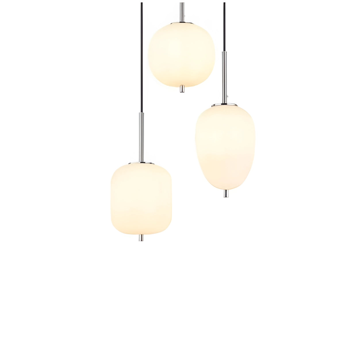 Modern industrial glass pendant lights with bronze finish, hanging in dining room, featuring ceiling fixture and metal elements.