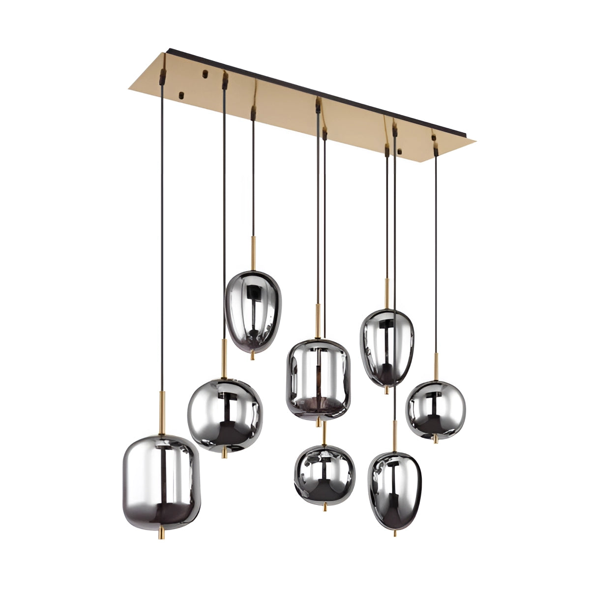 Modern industrial glass pendant lights with a bronze finish hanging above a dining room table, showcasing stylish and contemporary decor.