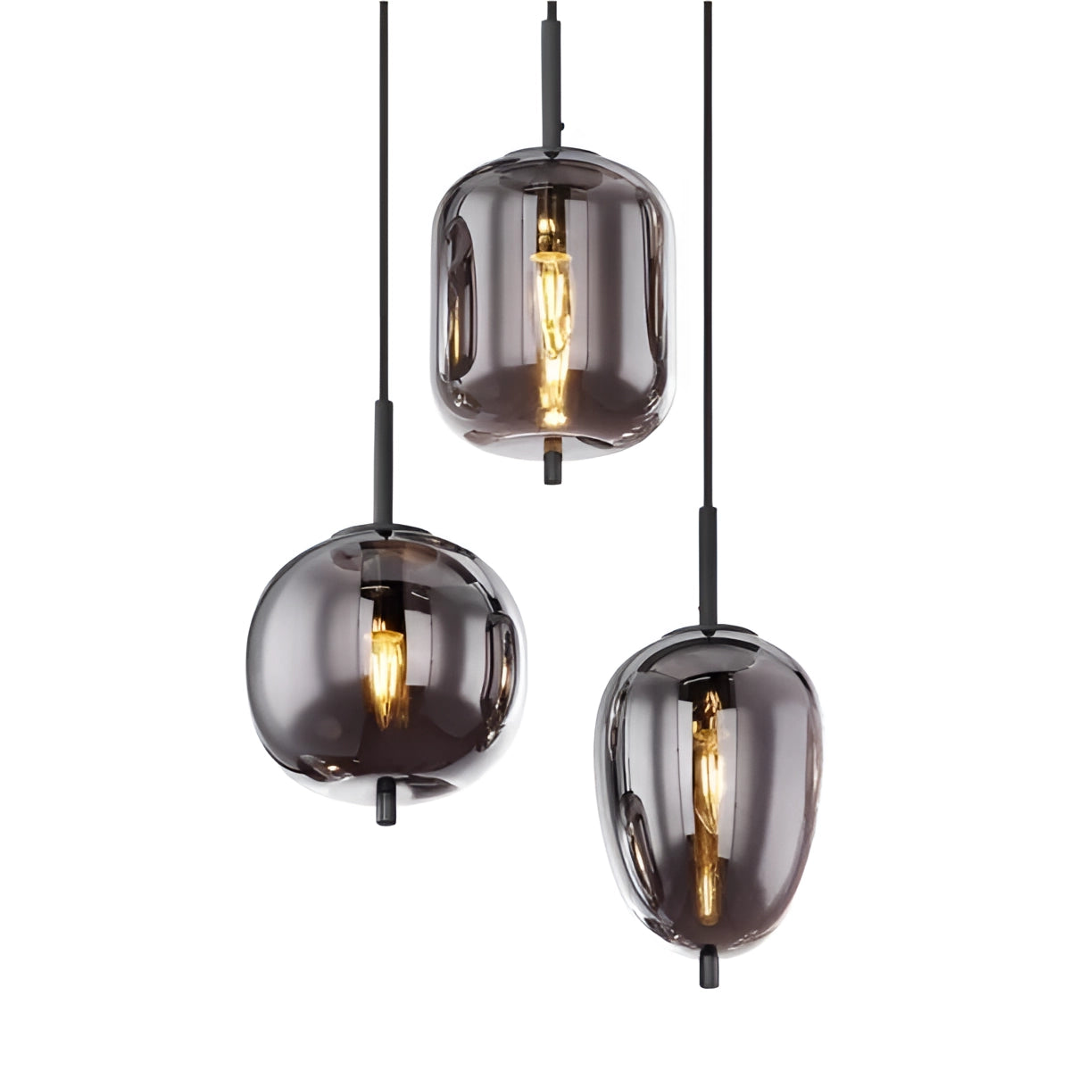 Modern industrial glass pendant light with bronze finish, hanging in a dining room setup.