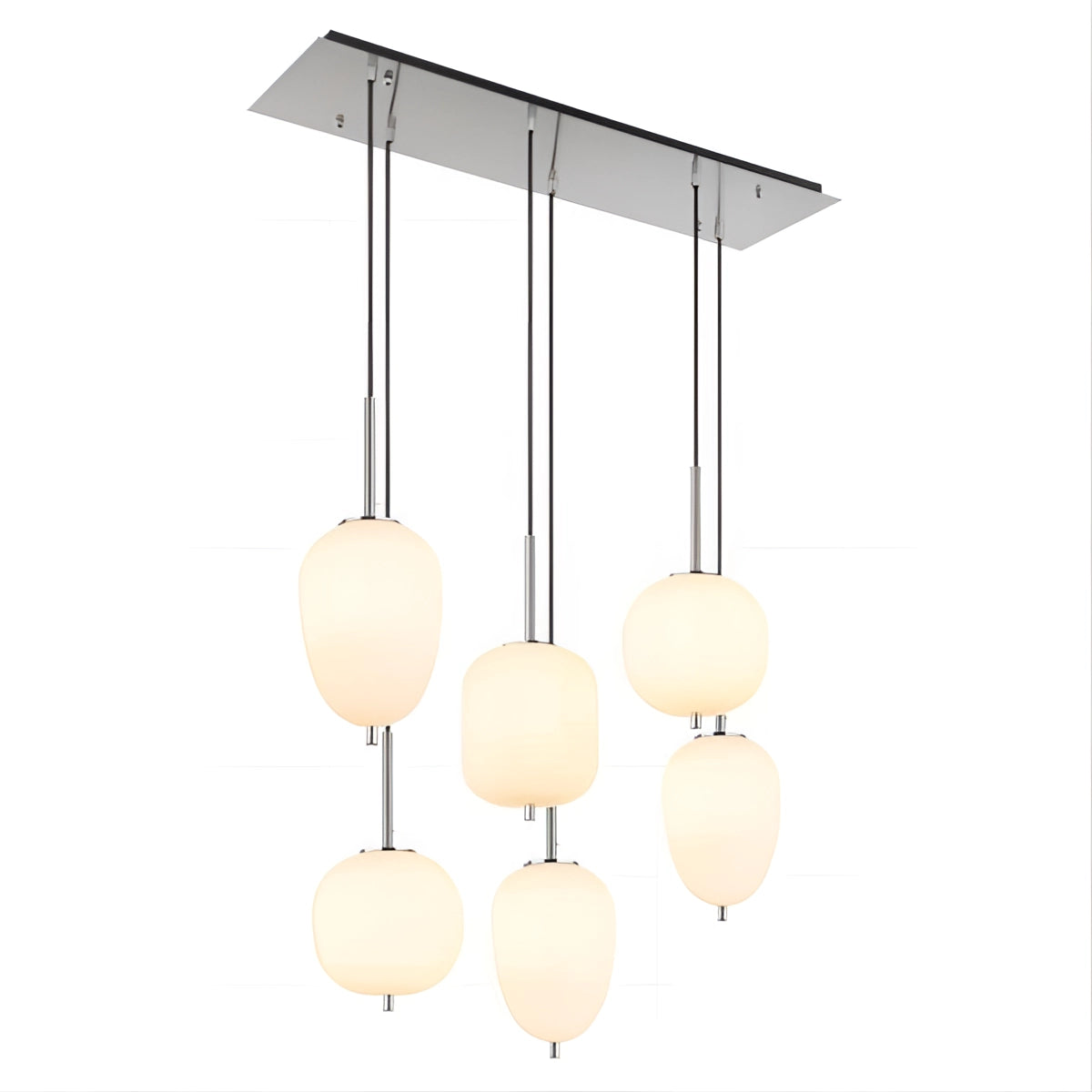 Modern industrial glass pendant lights with bronze finish and six opal glass heads featuring nickel accents, hanging elegantly from the ceiling, enhancing dining room decor.