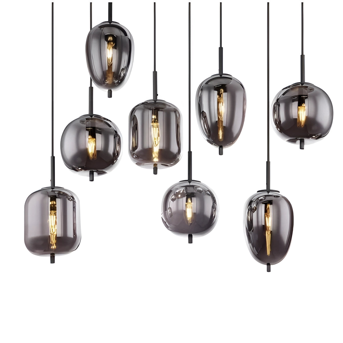 Modern industrial glass pendant lights with a smoke gray finish and brass accents, featuring eight oval-shaped heads, ideal for dining room decor.