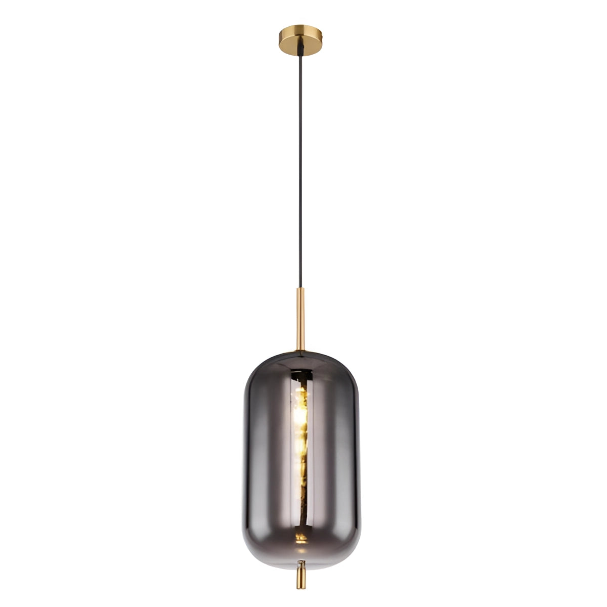 Modern industrial glass pendant light with a smoke gray shade and brass accents, single head, bronze finish, hanging from the ceiling in a dining room.