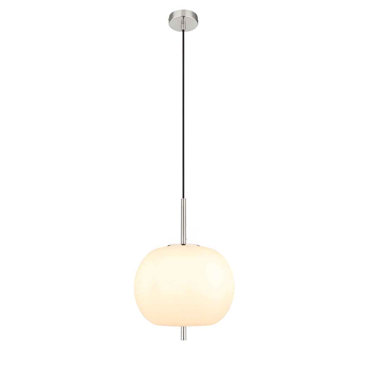 Modern Industrial Glass Pendant Light with Bronze Finish, Single Head in Opal with Nickel, hanging from ceiling in a dining room setting.