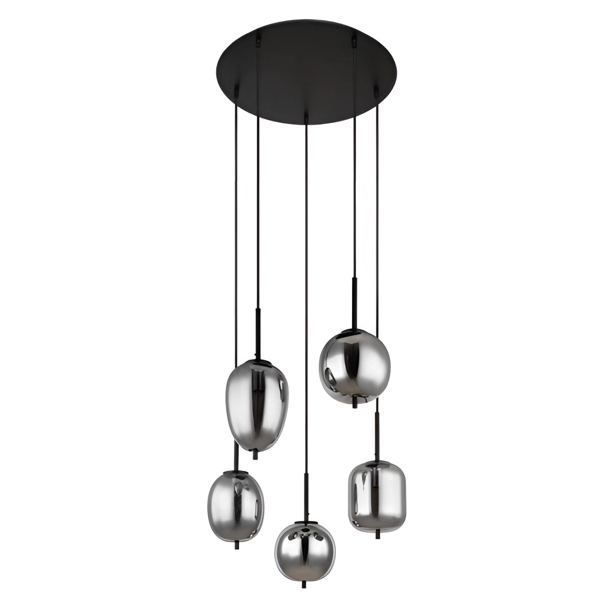 Modern industrial glass pendant lights with a smoke gray finish and bronze accents, featuring five black heads, hanging from the ceiling and illuminating a dining room decor.