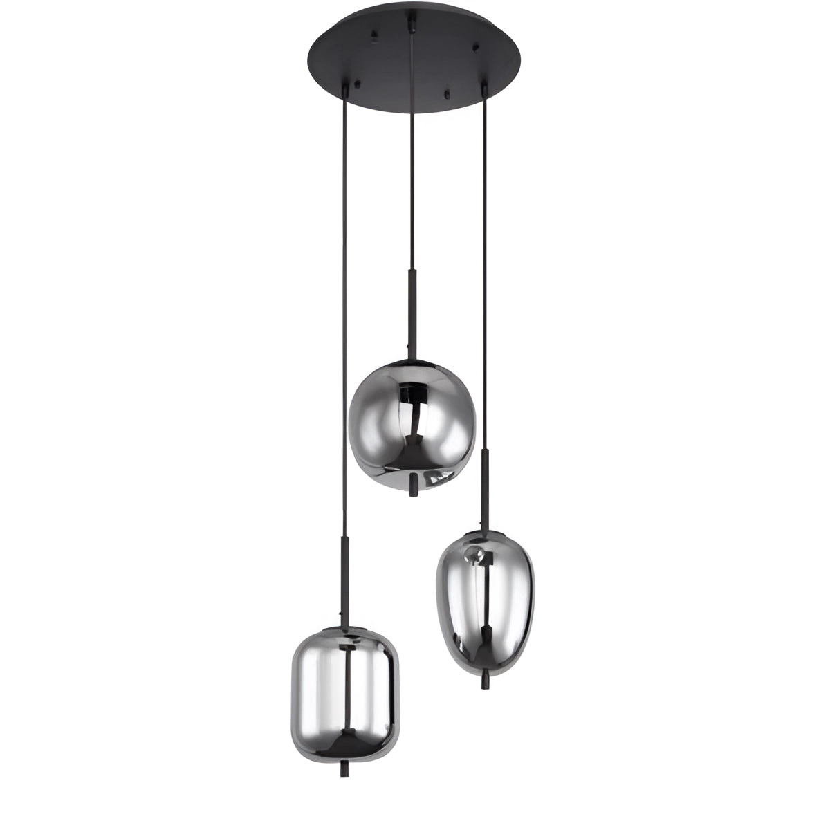 Modern industrial glass pendant lights with a bronze finish and smoke gray shades, featuring three heads, suspended over a dining room table.