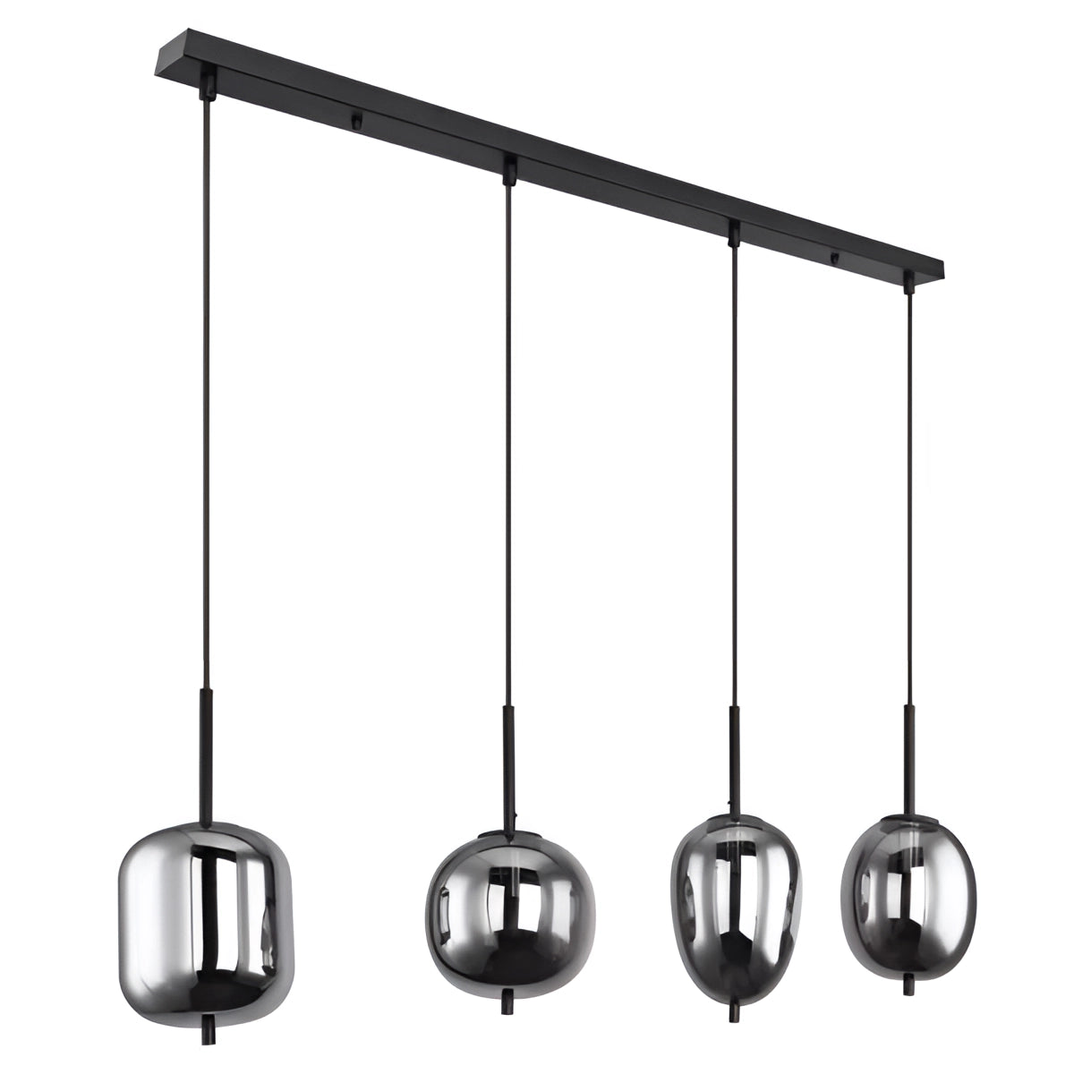 Modern industrial glass pendant lights with smoke gray shades and black accents, featuring four heads in a bronze finish, perfect for dining room decor.