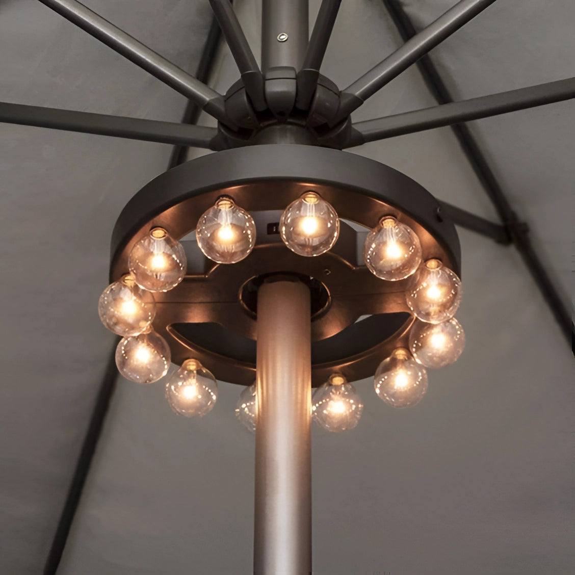 Modern industrial round chandelier with exposed filament bulbs, featuring a circular wooden frame and hanging from a ceiling.