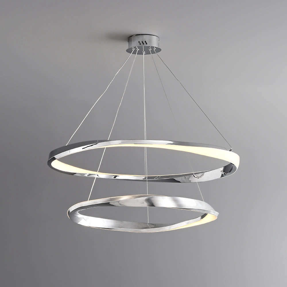 Modern LED chandelier with a golden minimalist pendant light design, featuring a circular metal structure and sleek ceiling fixture.