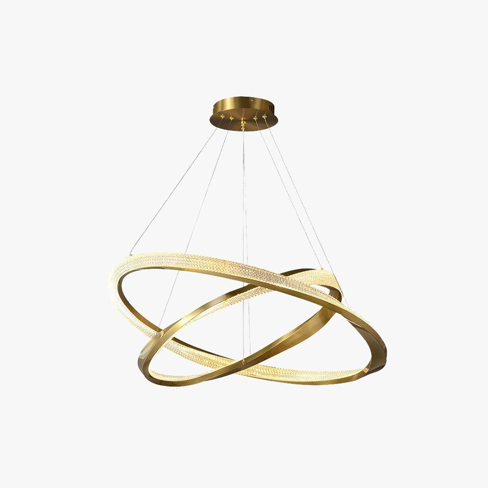 Sleek modern LED chandelier with a golden minimalist pendant light design, featuring circular and oval metal elements, elegantly suspended from the ceiling.