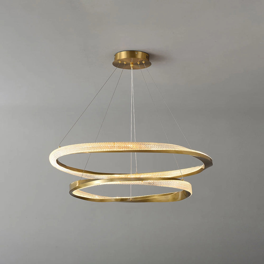 Modern golden LED chandelier with a minimalist pendant light design, featuring a circular metal ceiling fixture.