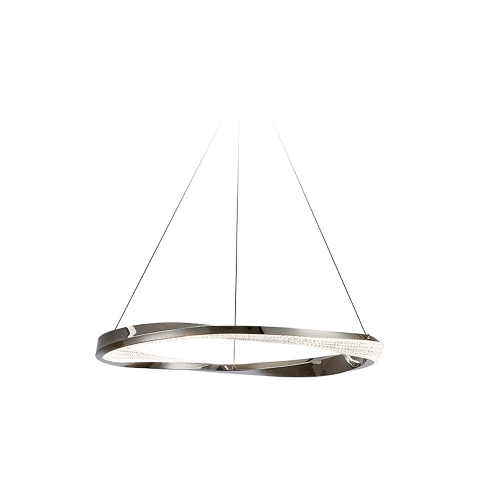 Modern LED chandelier with a minimalist design in silver, featuring a sleek geometric shape measuring 31.5 inches, crafted from metal and glass materials.