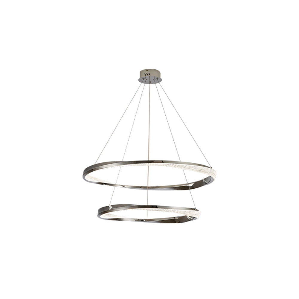 Modern LED chandelier with a minimalist design, featuring two interlocking silver rings measuring 23.6 inches and 31.5 inches, elegantly suspended as a ceiling fixture with a sleek metallic finish.