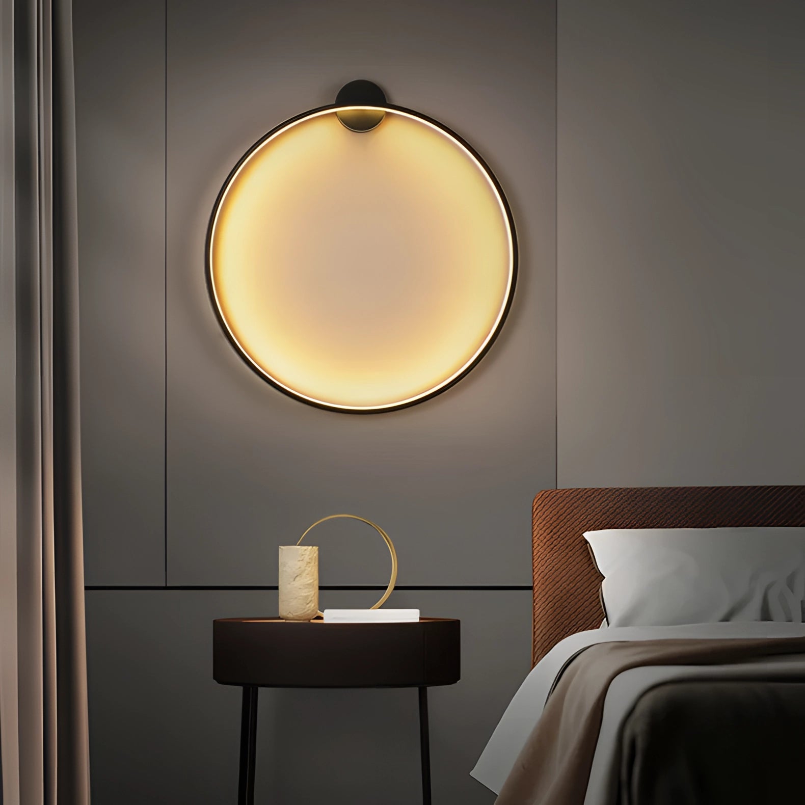 Modern LED Circle Wall Lamp mounted on a wooden wall, providing ambient lighting in a luxury bedroom setting with a nearby window.