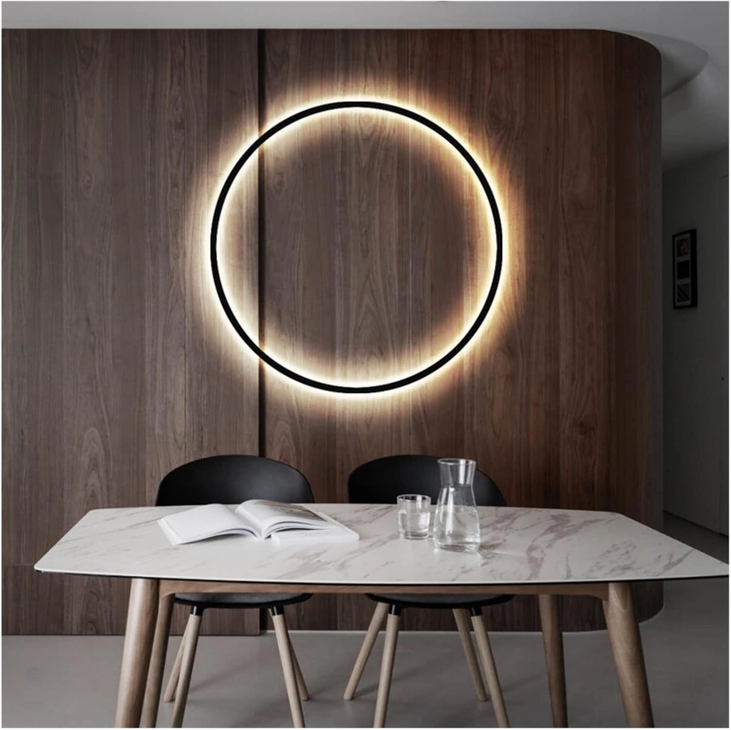 Modern LED Circle Wall Lamp mounted above a luxury bedroom setting, casting soft ambient lighting with a sleek and contemporary design.