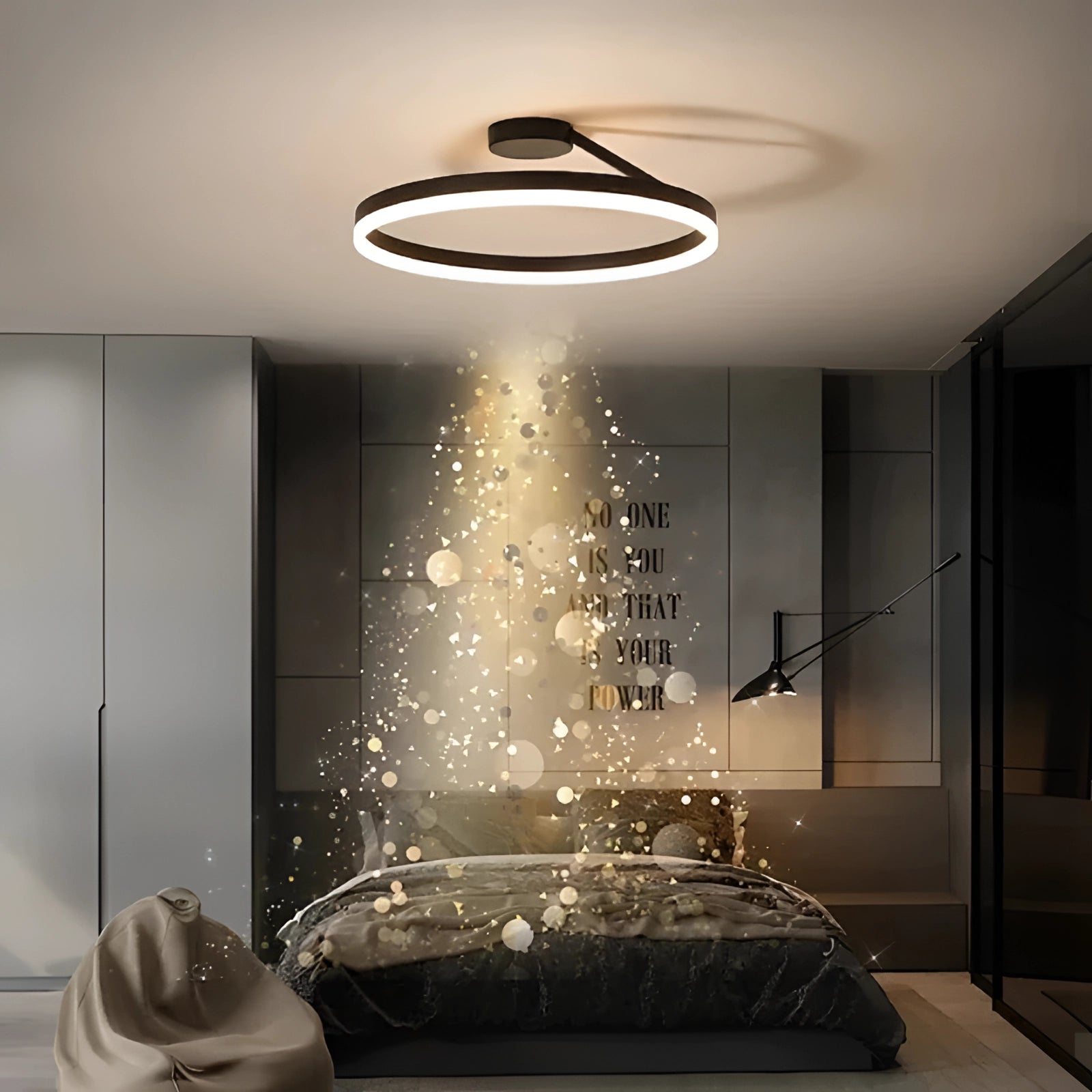 Modern LED circular ceiling light fixture with a sleek black design, installed in an interior setting showcasing contemporary architecture and clean lines.