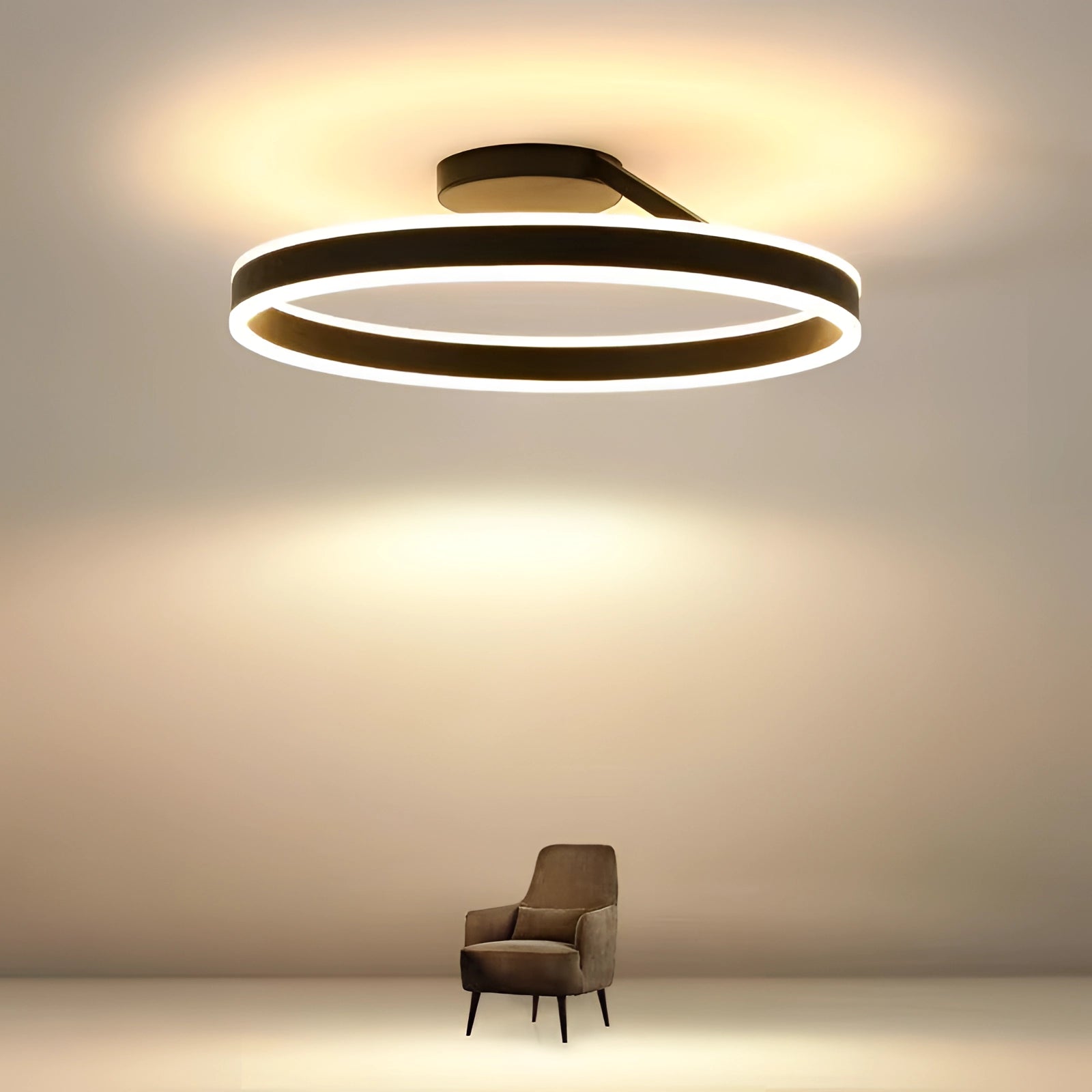 A sleek and modern black LED circular ceiling light fixture with a dimmable feature, designed for up and down glow, showcased in a stylish setting.