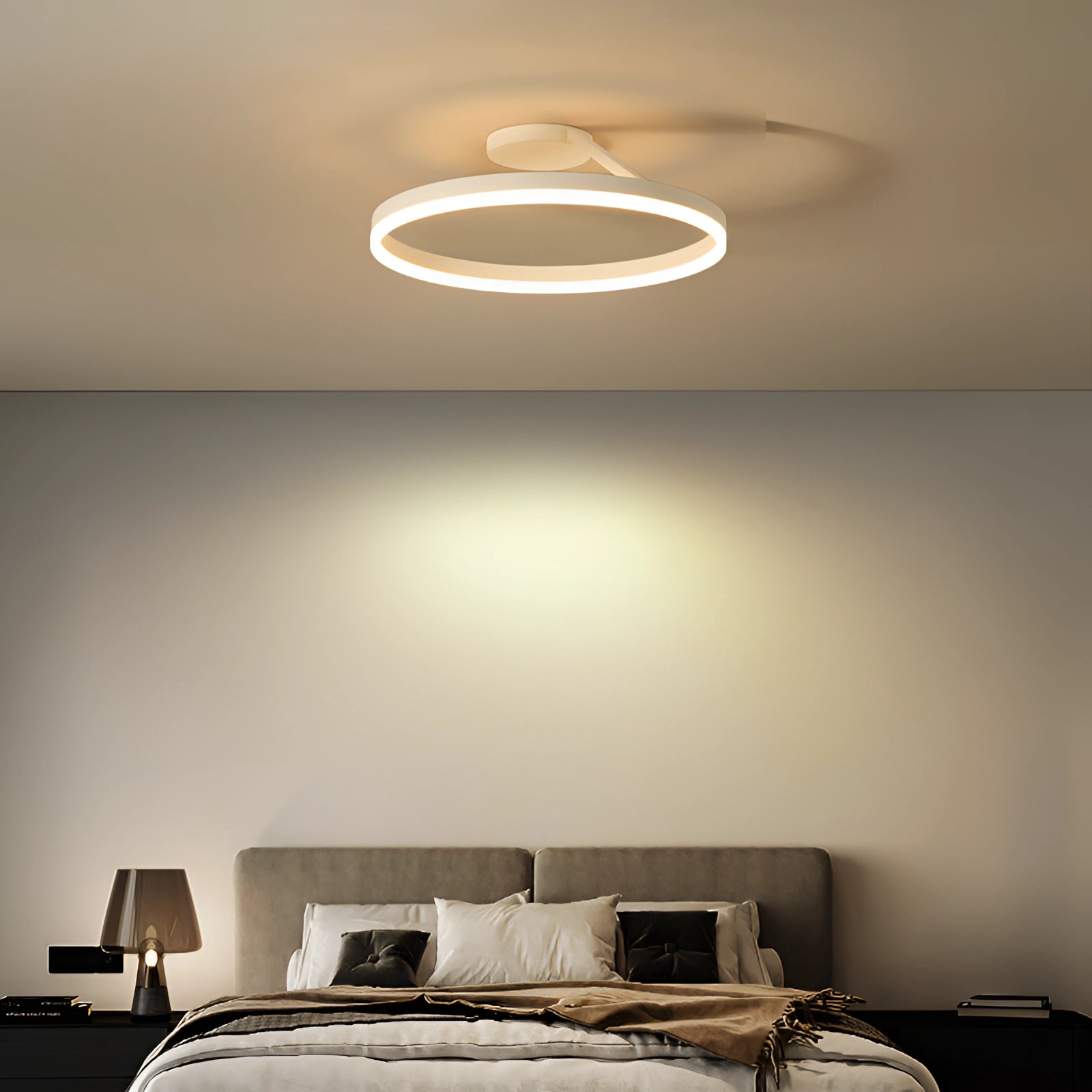 Modern LED circular ceiling light fixture in white, featuring a sleek design with energy-efficient technology. The fixture offers a down glow with three color change options, suitable for enhancing comfort and interior design in a building space.