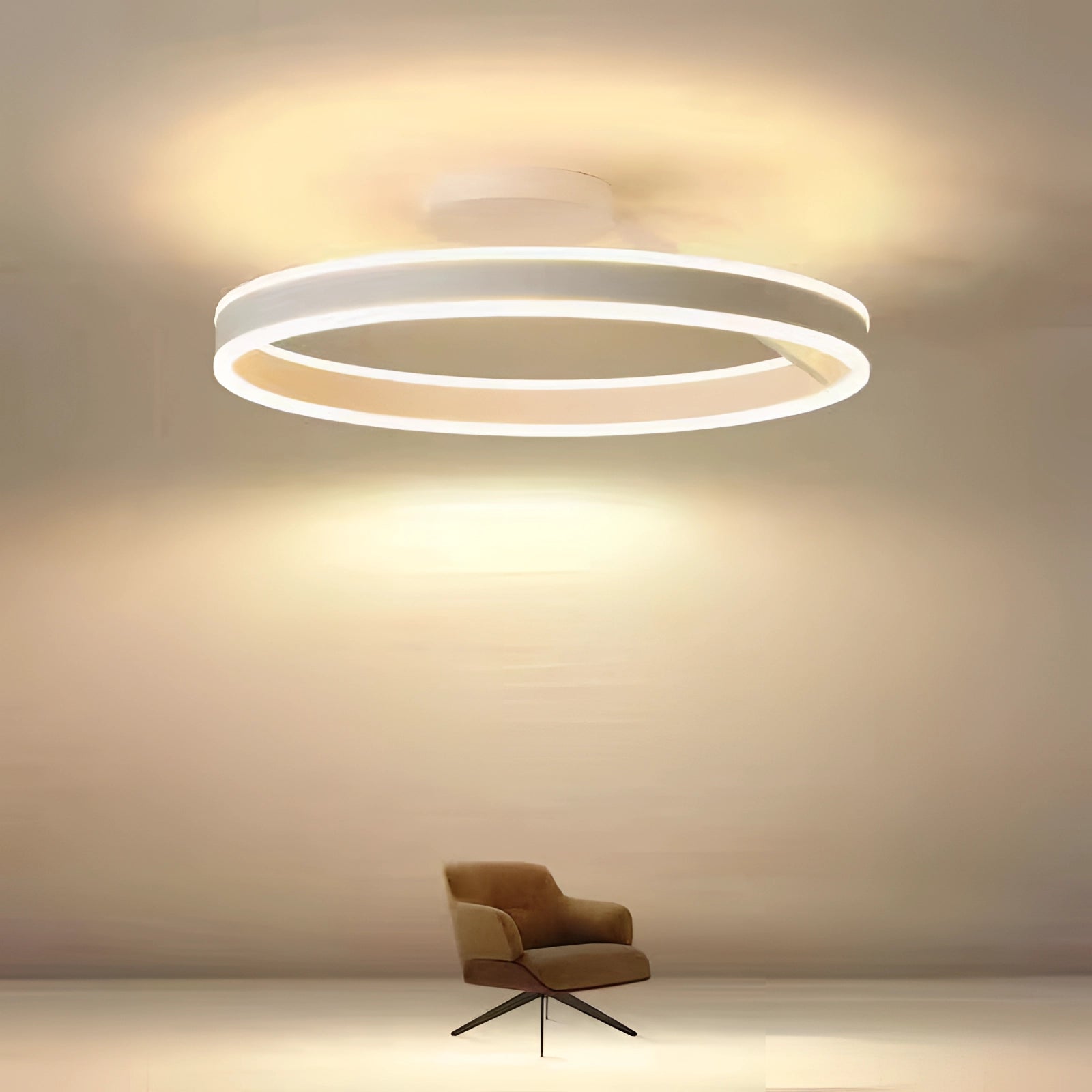 
A sleek and modern LED circular ceiling light fixture in white, featuring a dimmable function with an up and down glow, designed for energy efficiency and contemporary aesthetics.