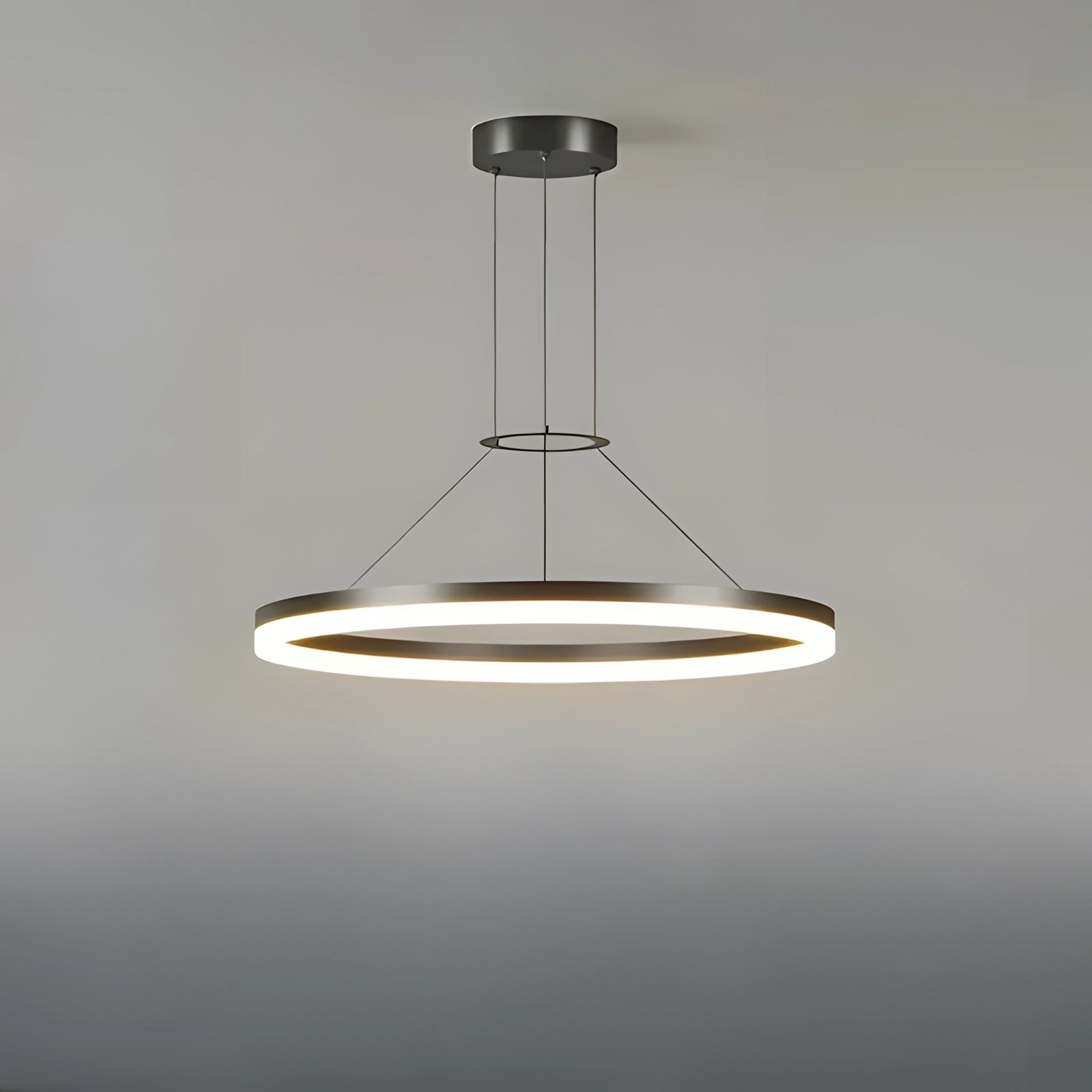 Modern black LED pendant light featuring an adjustable circular design with a 50 cm diameter, suspended from the ceiling. The fixture is dimmable and made with metal and transparent glass elements.