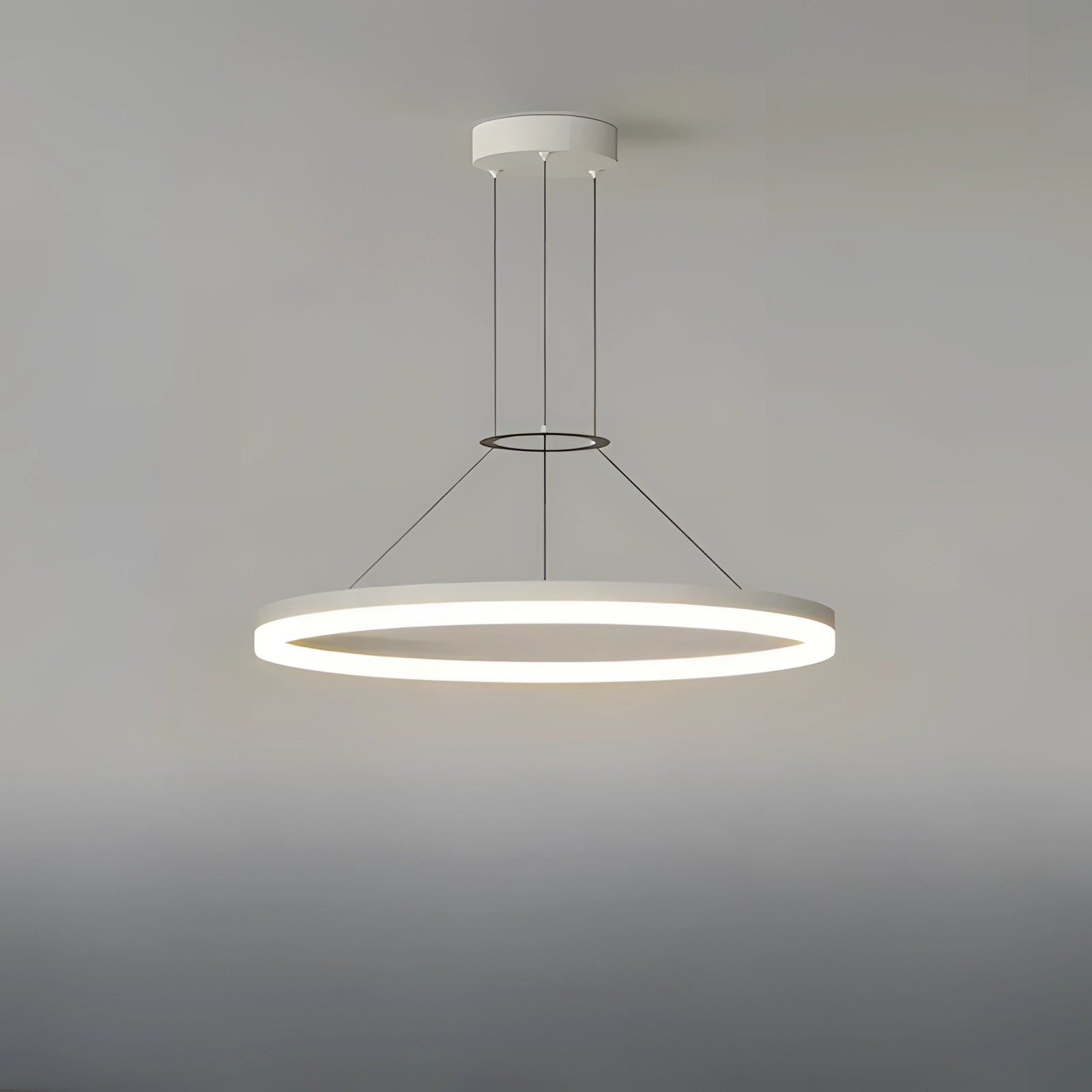 Modern white LED pendant light with a circular design, adjustable and dimmable, hanging from the ceiling. The fixture exhibits a contemporary style with elements of glass and metal, showcasing symmetry in its structure.