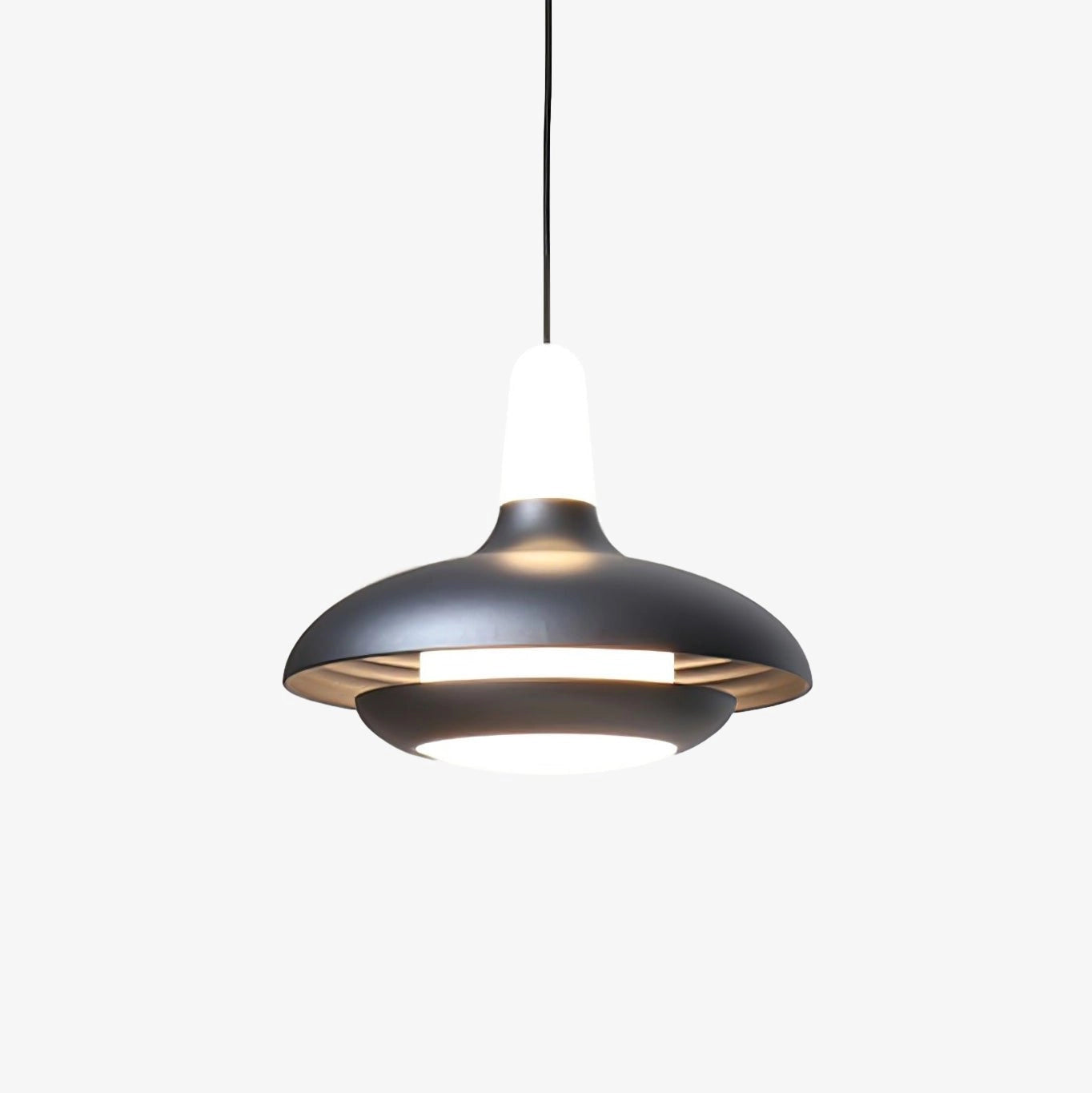 Modern LED pendant light with a sleek, minimalistic design, featuring a circular metal shade, adjustable cord, and ceiling-mounted fixture made of titanium and aluminum.