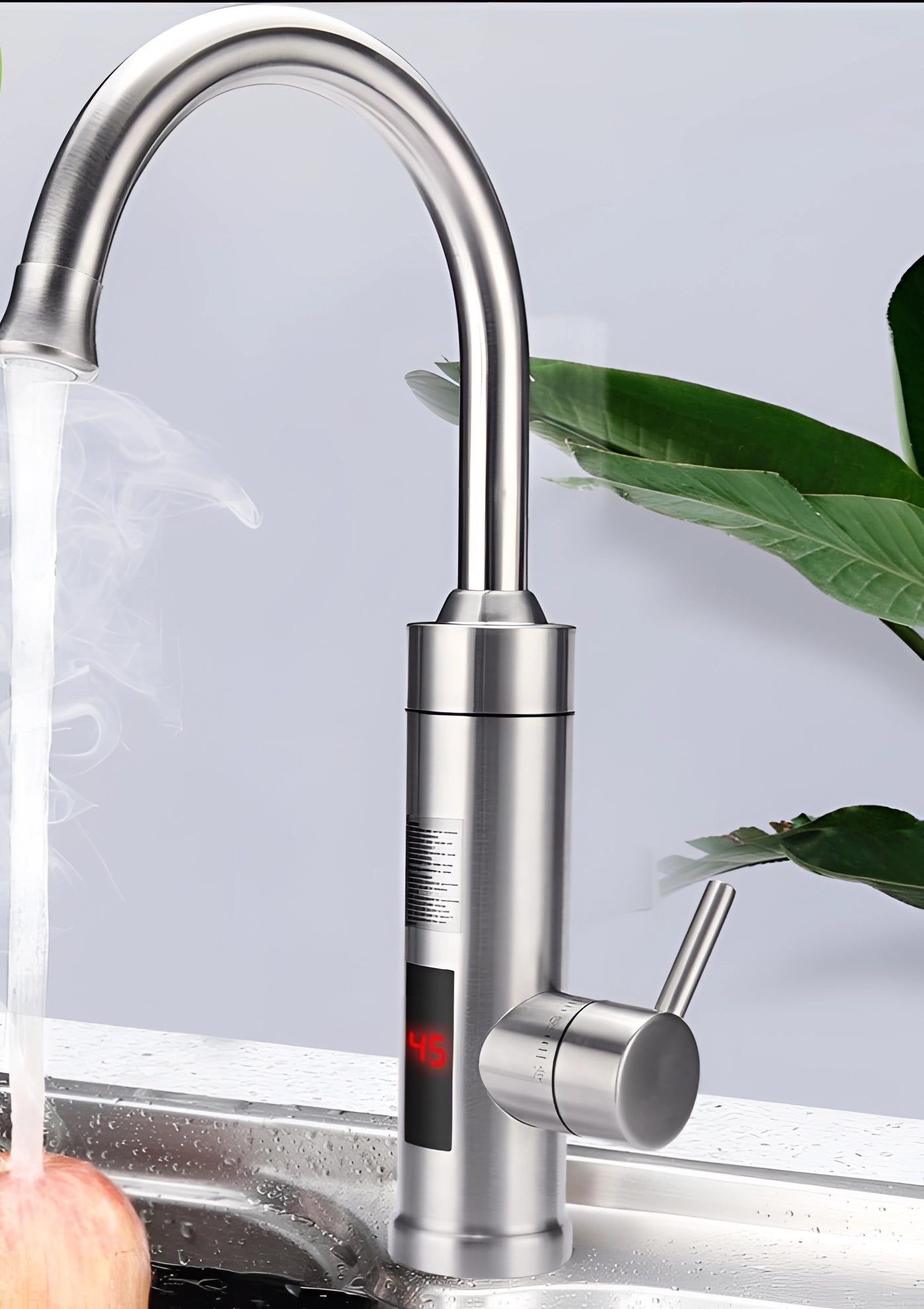 Modern stainless steel kitchen faucet with LED temperature indicator, featuring a sleek handle design.