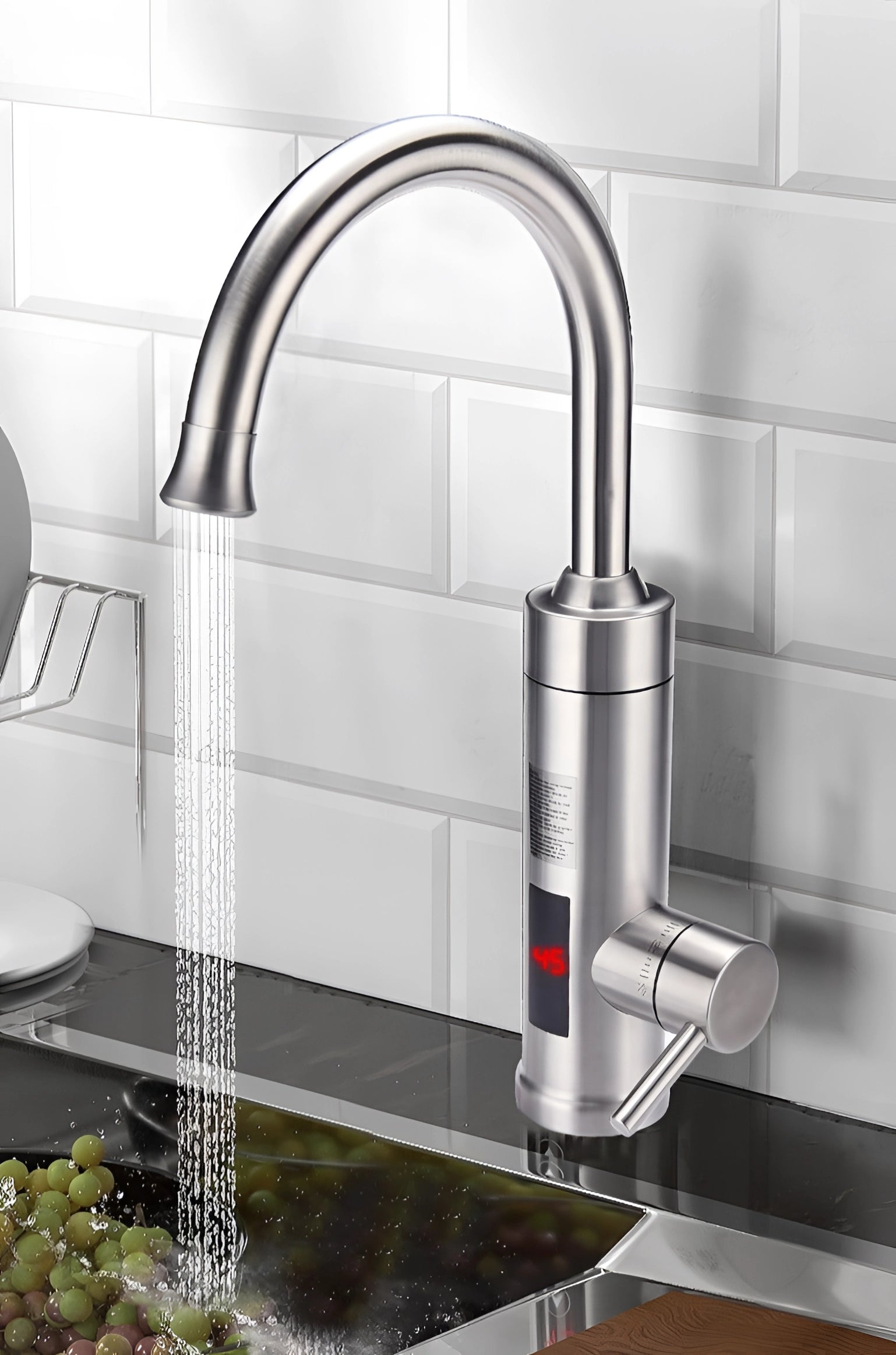 Modern stainless steel kitchen faucet with LED temperature indicator, featuring a sleek and rectangular design, installed over a sink.