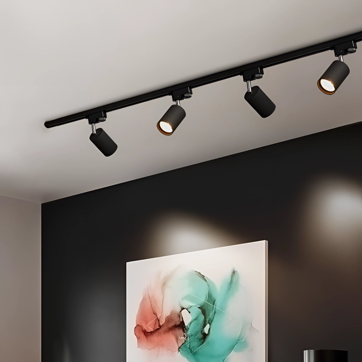 Modern LED track lighting system with adjustable ceiling spotlights, featuring a sleek design, illuminating a contemporary interior space with soft, ambient light.