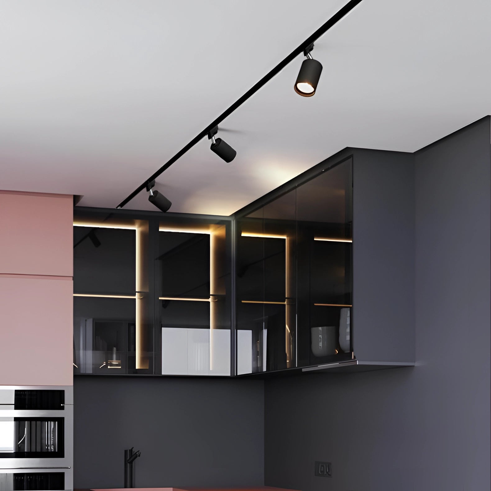 Modern LED track lighting with adjustable ceiling spotlights installed in a stylish interior setting, featuring wooden cabinetry and shelving, with a focus on interior design elements such as the flooring and ceiling materials.