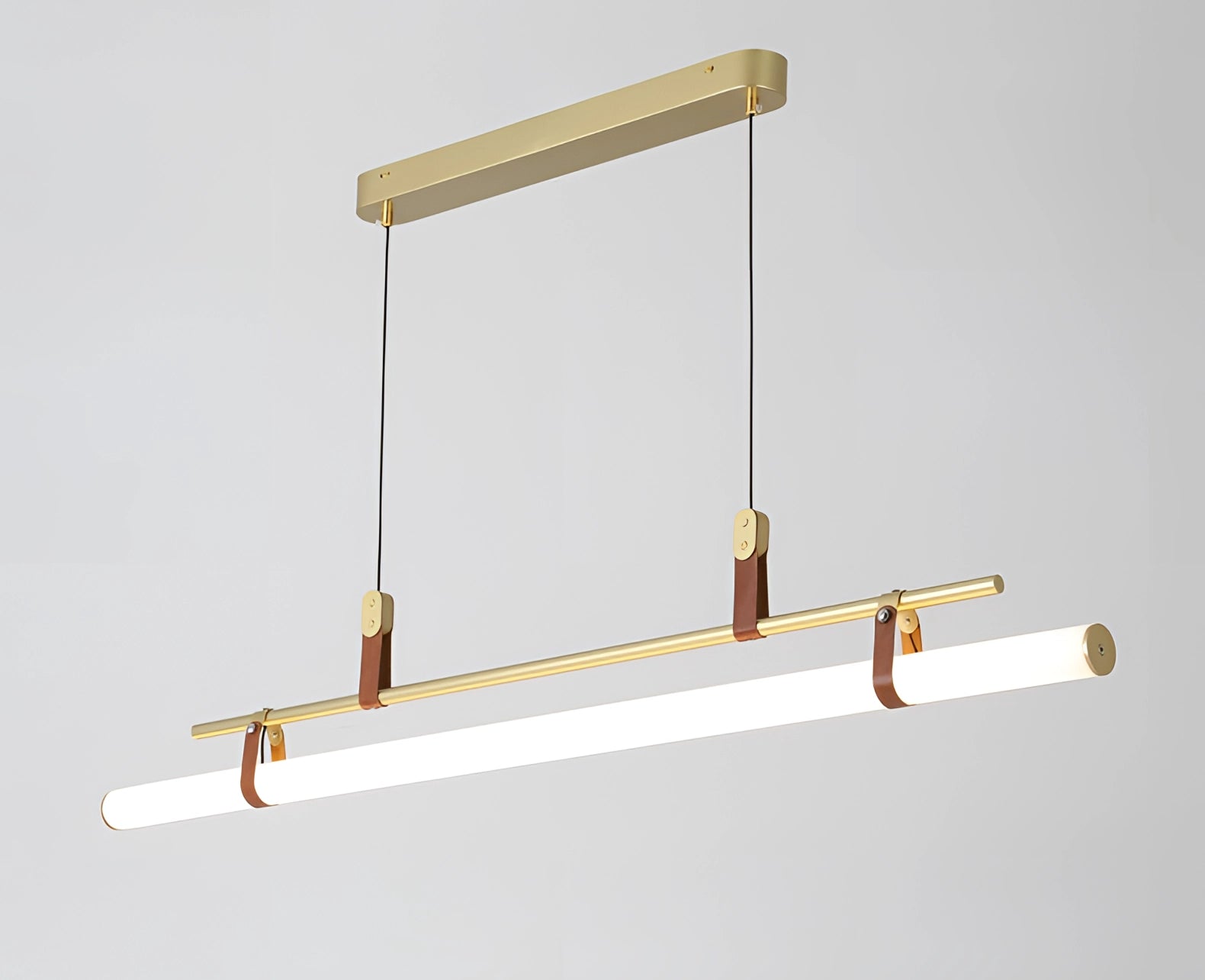 Modern LED Tube Pendant Light with a sleek minimalist design, featuring a rectangular metal frame and circular elements, ideal for enhancing the aesthetic of kitchens and dining rooms.