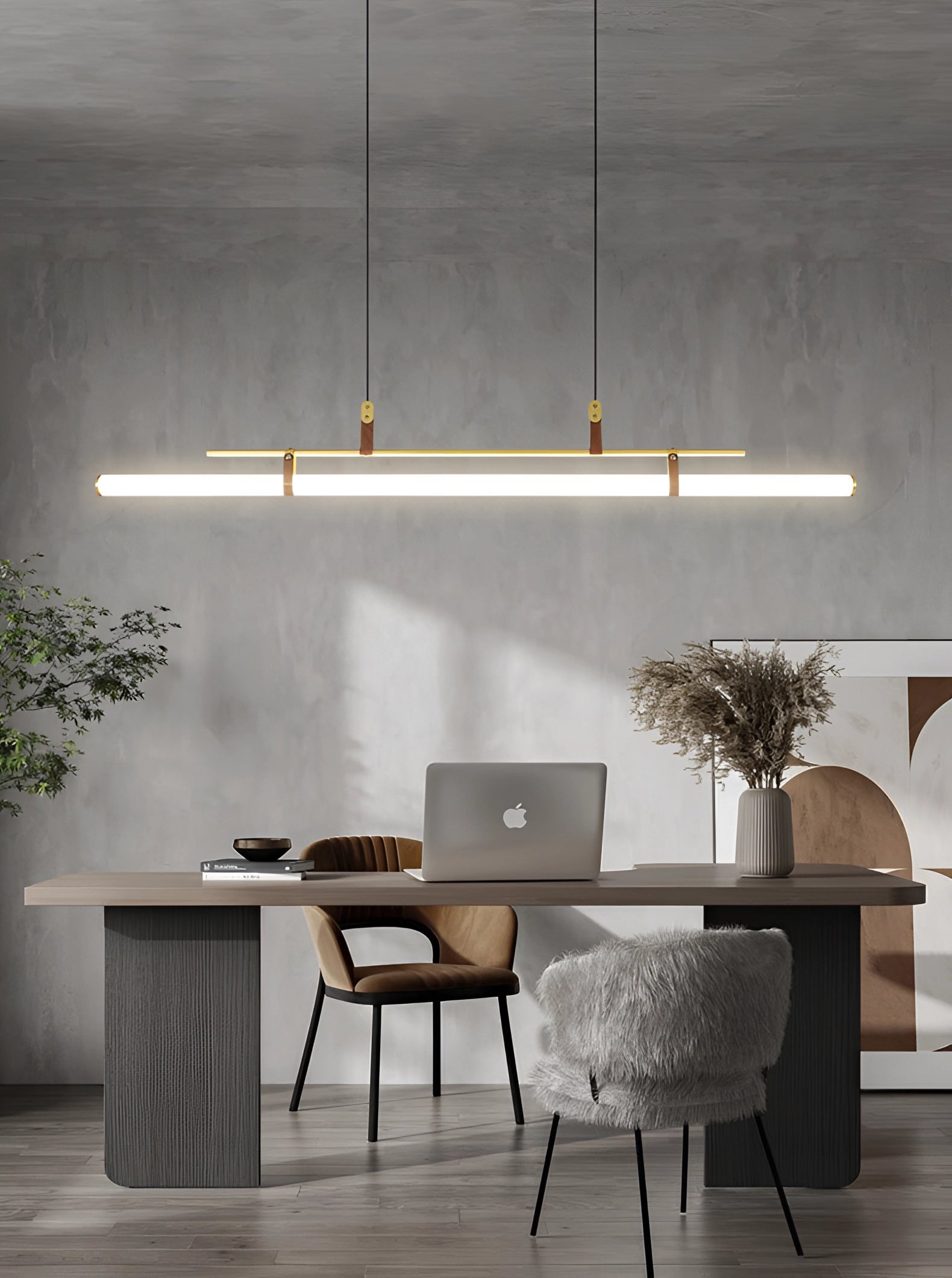 Modern LED tube pendant light illuminating a minimalist kitchen and dining room with wooden furniture, including a rectangular dining table and chairs, indoor plants, and natural wood flooring.