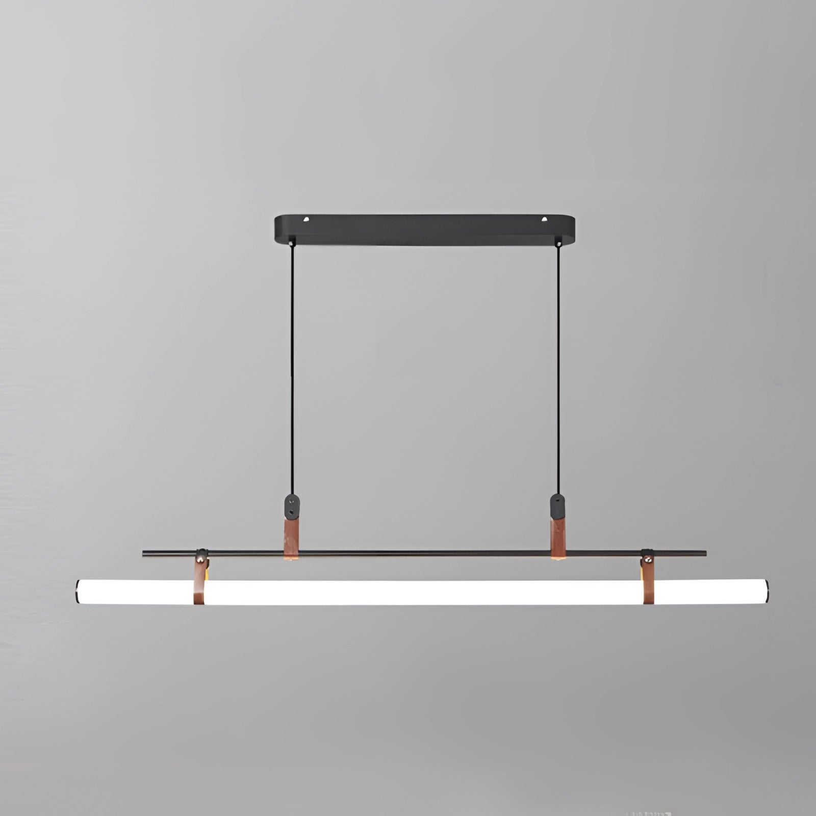 Modern LED tube pendant light with a minimalist design, featuring a medium-sized, black rectangular frame suspended in parallel alignment. The fixture showcases a balance of symmetry in its metal and wood components, suitable for contemporary kitchen and dining room settings.