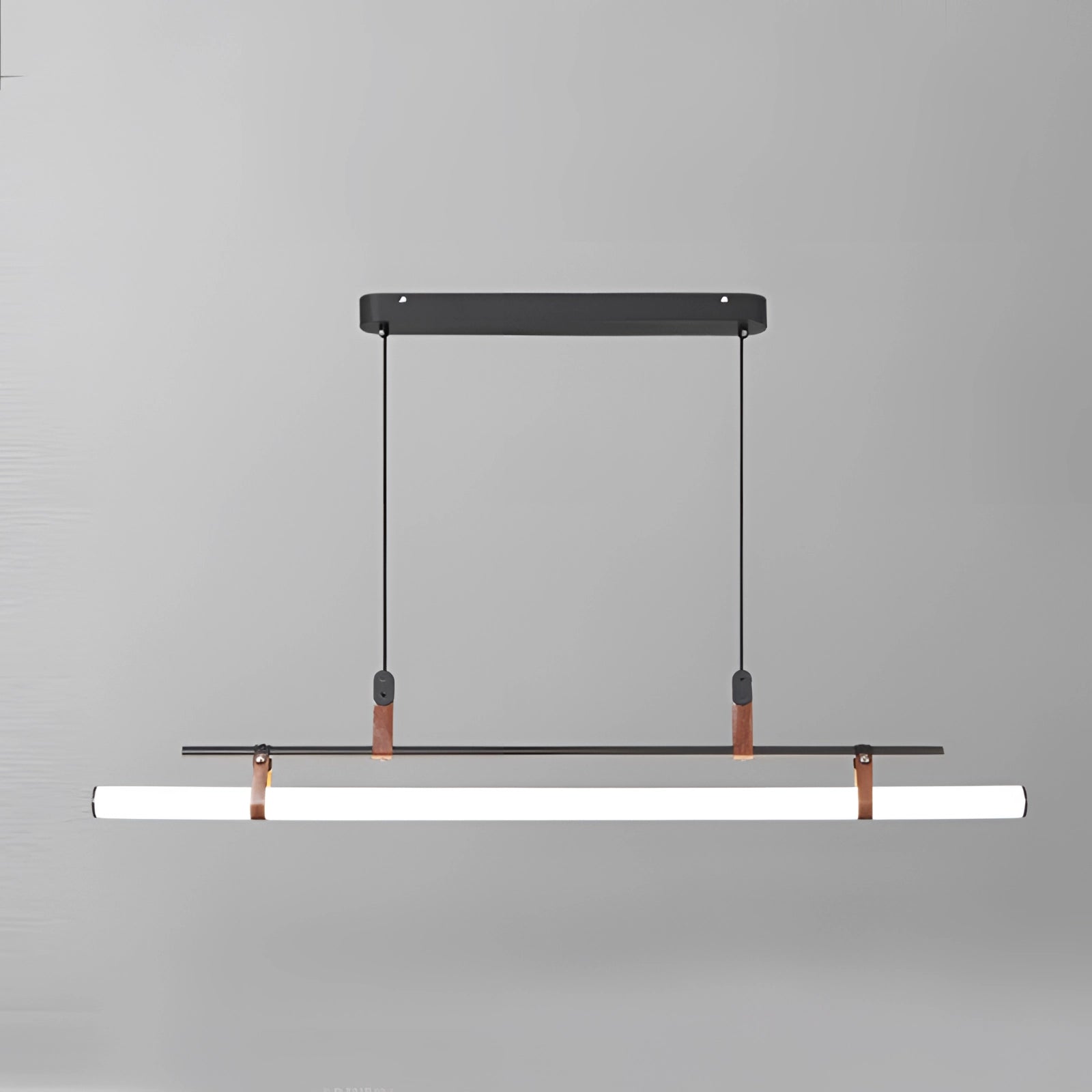 Modern black LED tube pendant light with a minimalist design, featuring a large rectangular shape and metal construction, ideal for kitchen and dining room settings.