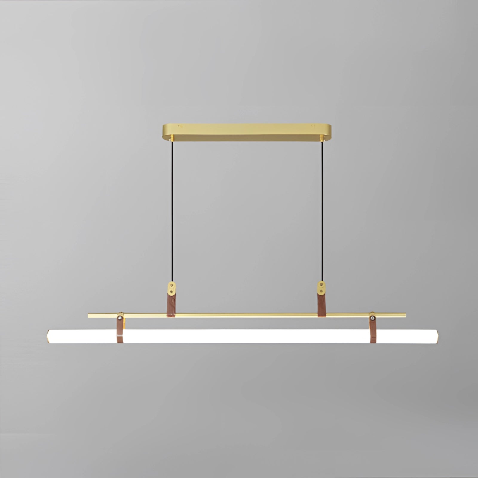 Modern LED tube pendant light with a minimalist design, featuring a medium-sized gold finish. The light fixture has a sleek rectangular shape with parallel lines and symmetrical elements, suitable for a kitchen or dining room setting.