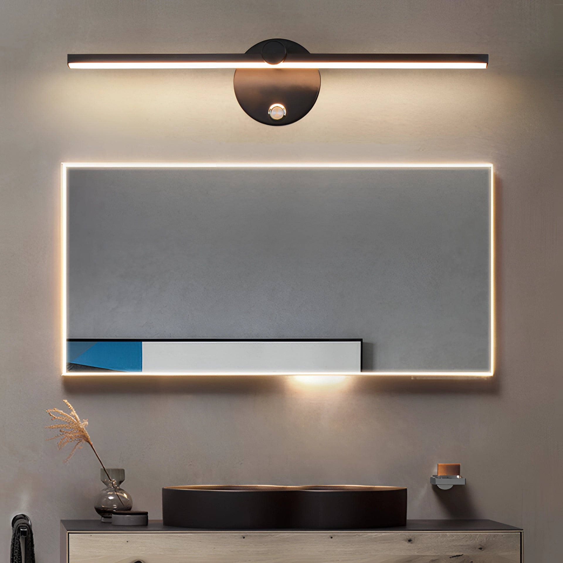 Modern LED wall sconce in brushed gold with a black switch, featuring a sleek rectangular design and neutral light (4000K), suitable for use in interior spaces with 220 V-240 V voltage, ideal for Great Britain and Australia.